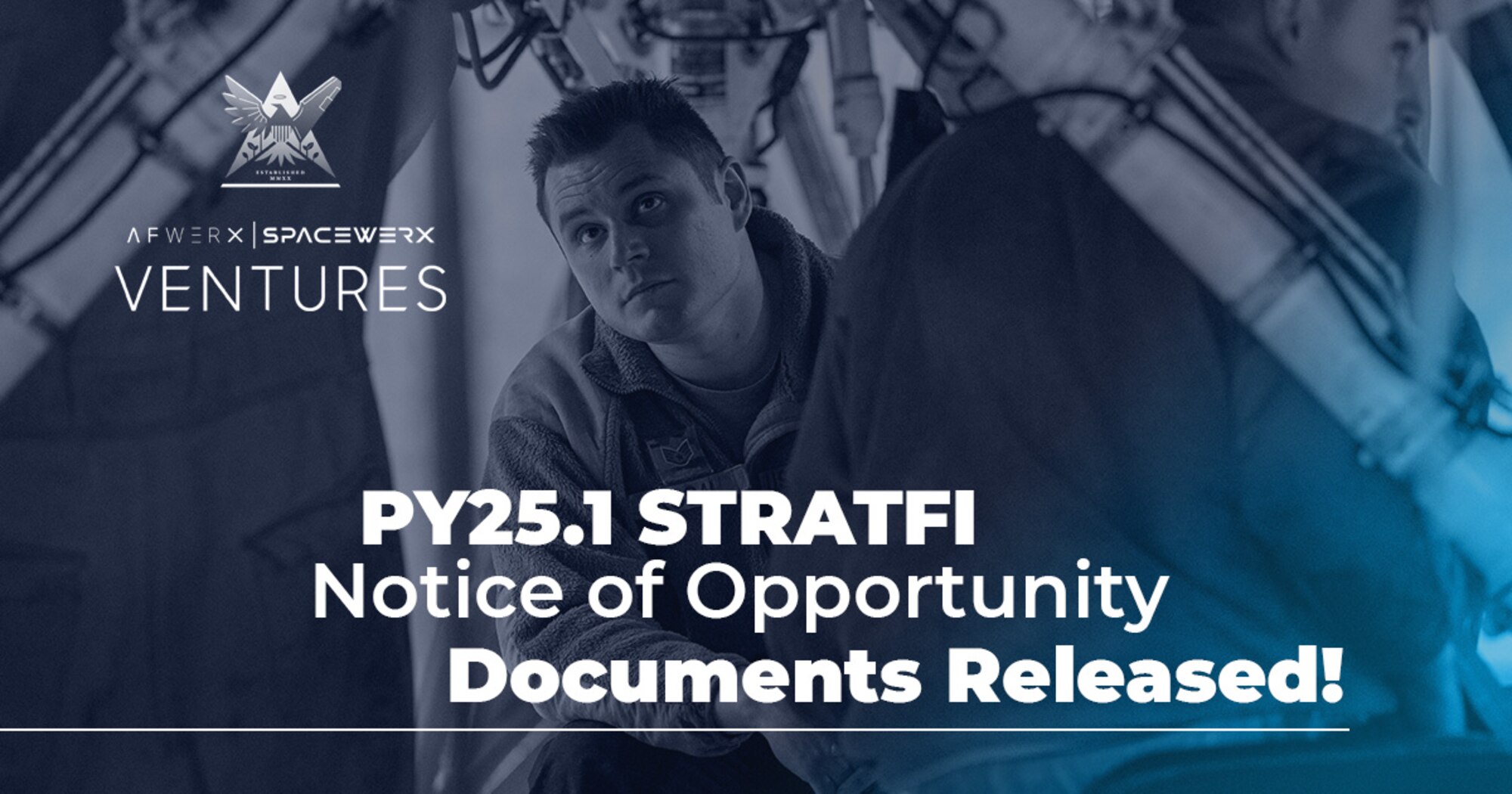 AFWERX AFVentures, the commercial investment arm of the Department of the Air Force, issued a Notice of Opportunity within the Strategic Funding Increase (STRATFI) program. The deadline for government champion-led capability package submission is noon EDT on Sept. 18, 2024. (U.S. Air Force graphic by AFWERX)