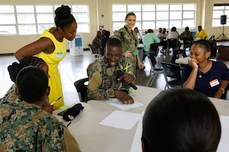 Private Espuet Jahmoy, center, from the Jamaica Defence Force, discusses the exercise with his group at the Women, Peace and Security (WPS) Symposium focusing on the prevention of gender-based violence as part of Continuing Promise 2024. Continuing Promise 2024 marks the 14th mission to the region since 2007, which aims to foster goodwill, strengthen existing partnerships, and encourage the establishment of new partnerships among countries’ non-government organizations, and international organizations.