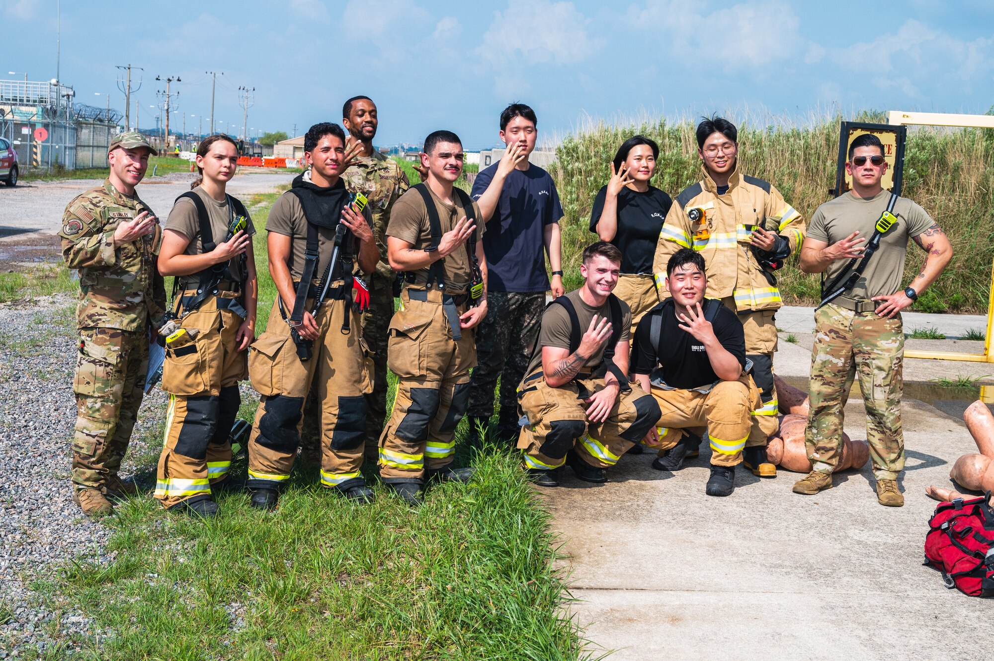 Airmen from the 8th Civil Engineer Squadron and members from the 38th Force Protection Squadron Republic of Korea Air Force take a group photo during Beverly Sentinel 24-2