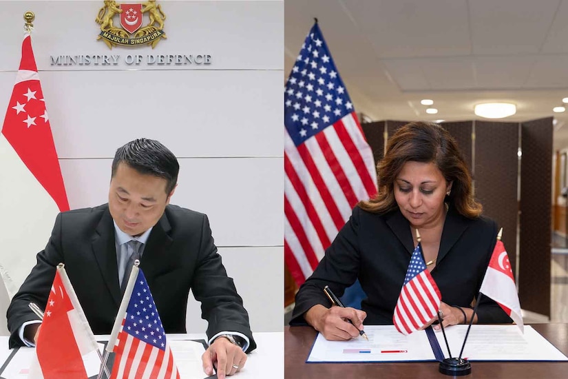 Two civilians sign documents in two separate photos.