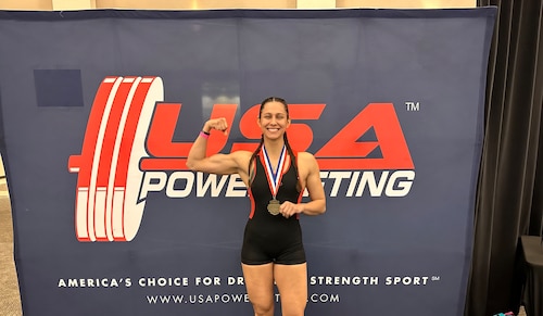 Senior Airman Mignon Van Niekerk won first place in her respective weight class in March 2023.