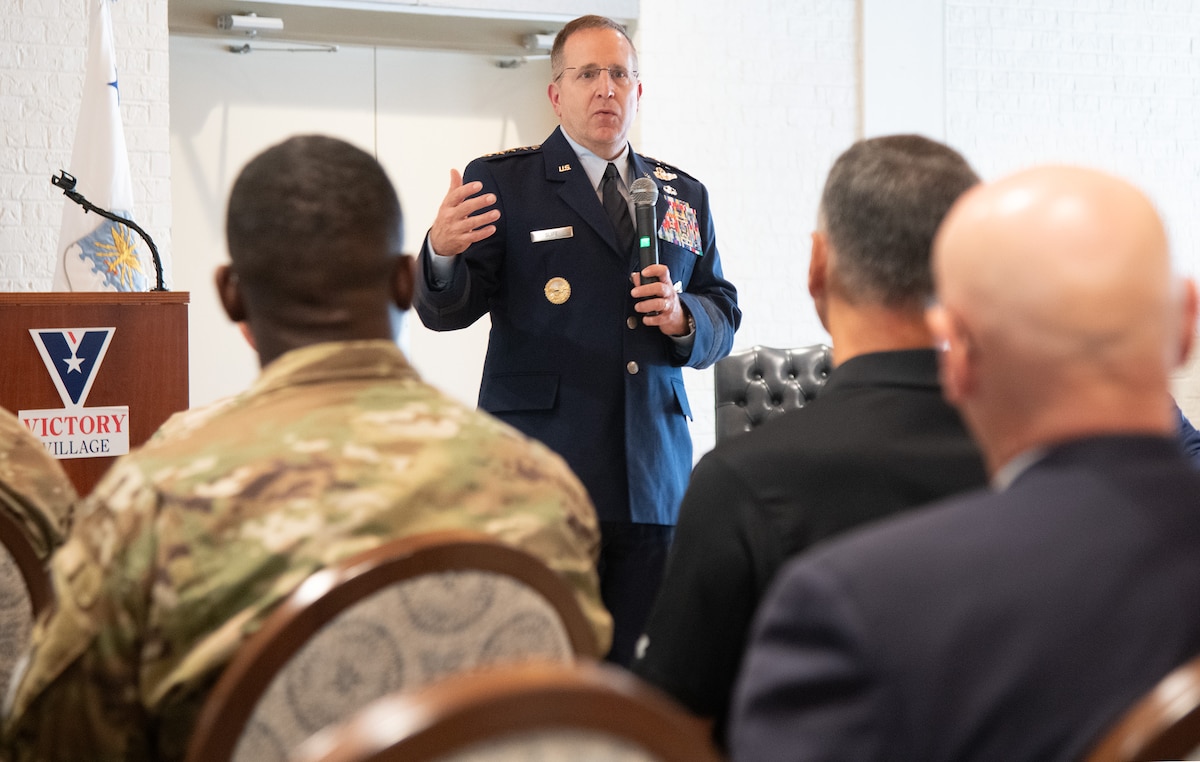 Gen. James Slife, U.S. Air Force deputy chief of staff, speaks at the Bob Hope Village Commons during the deed signing ceremony commemorating the purchase of 80 acres of land from Eglin Air Force Base, Fla., July 12, 2024.