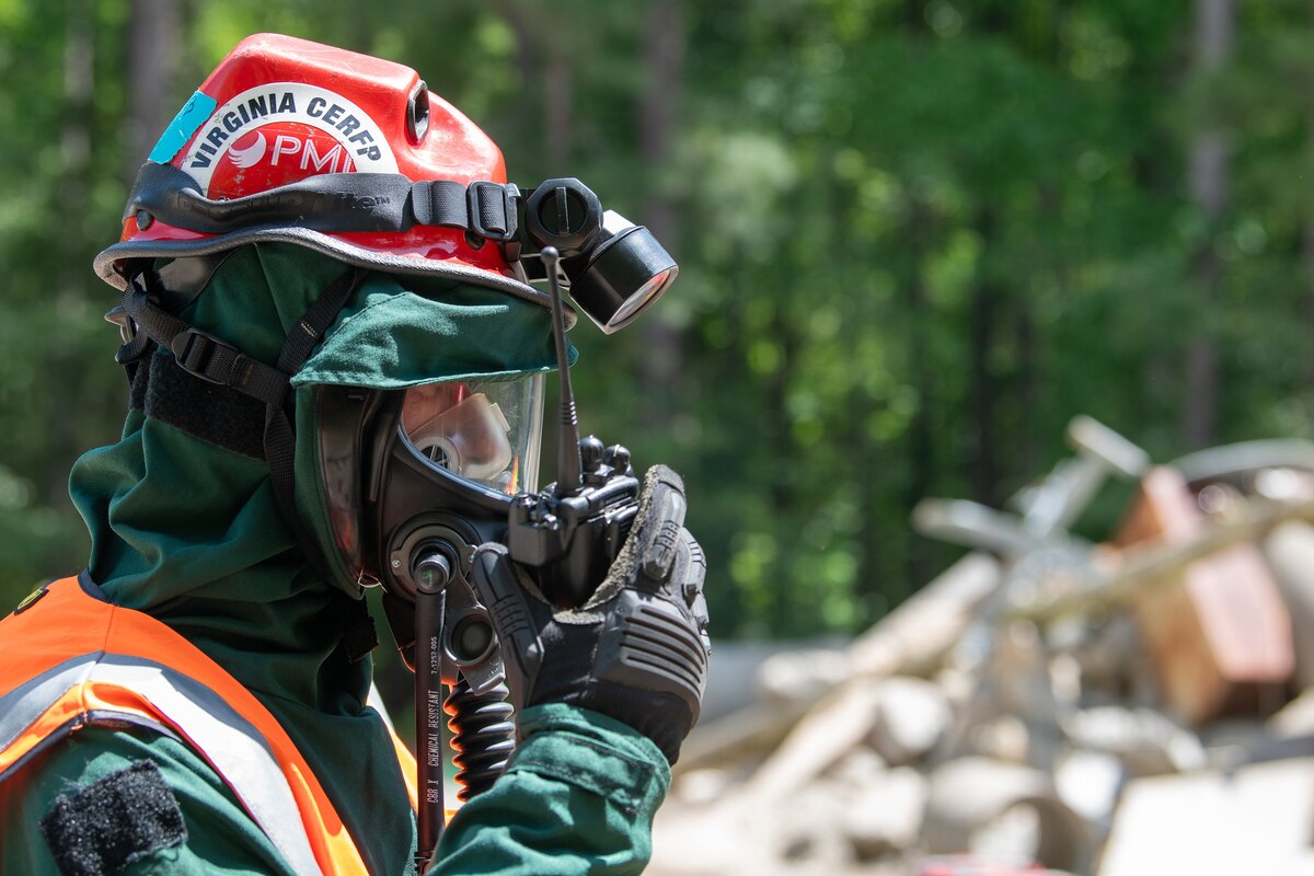 Virginia National Guard Soldiers and Airmen participate in a collective training exercise while conducting search and extraction procedures May 23, 2024, at Fort Barfoot, Virginia. The team's search and rescue element practiced skills to find and rescue survivors on a training site constructed by the VNG Soldiers and Airmen.
