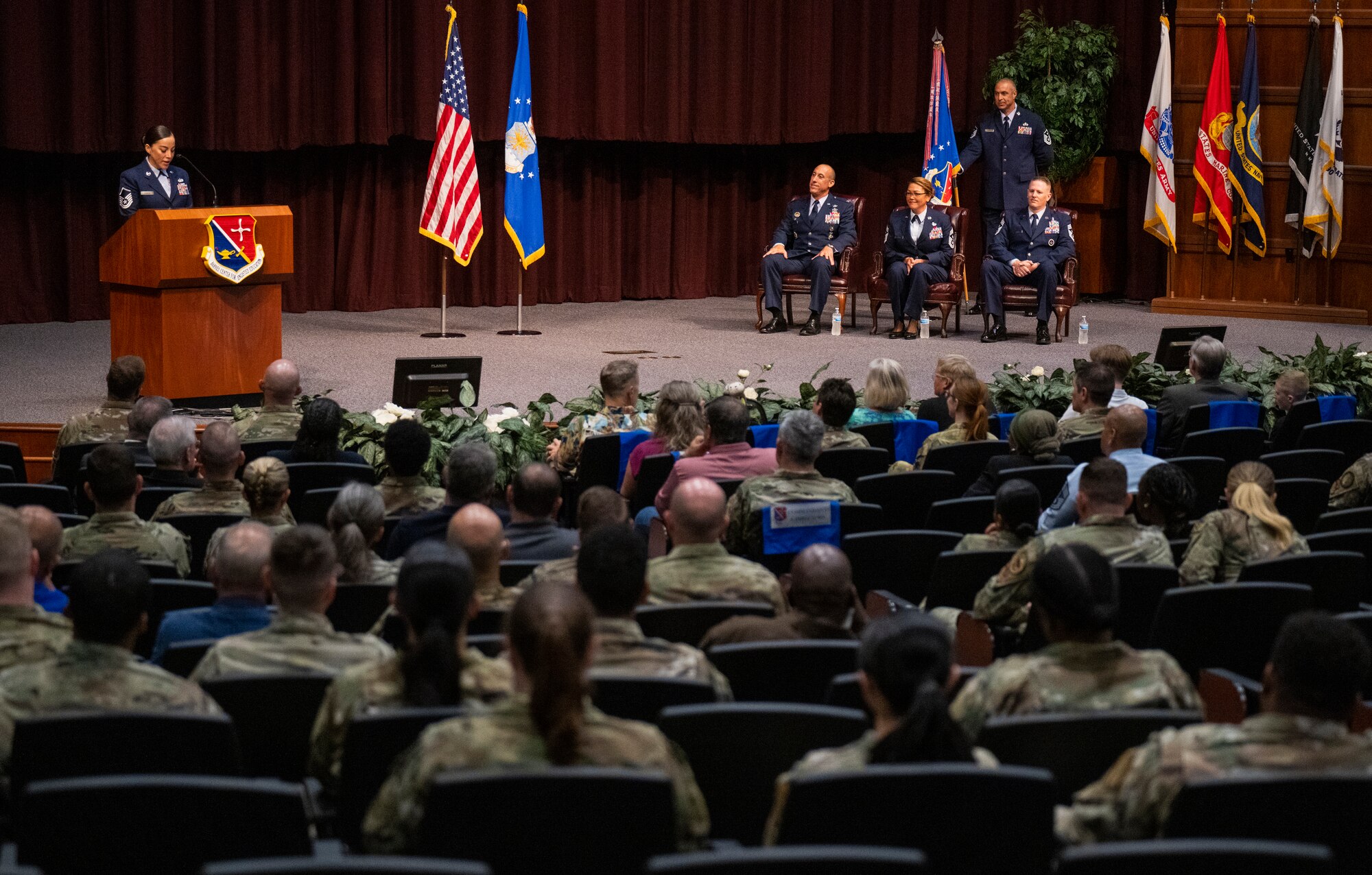 Chief Master Sgt. Bridget Bruhn became the Thomas N. Barnes Center for Enlisted Education Center command chief during a change of responsibility ceremony on Maxwell Air Force Base, Gunter Annex, Alabama, July 12, 2024. (U.S. Air Force photo/Brian Ferguson)