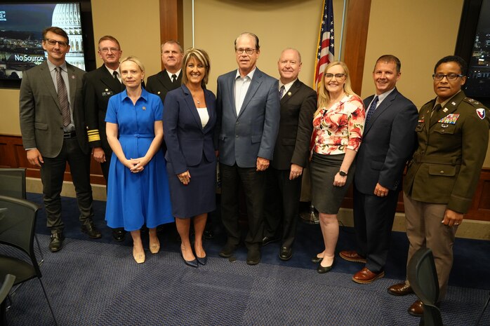 Vice Admiral Johnny R. Wolfe Jr., director of Strategic Systems Programs (second from left) attends the Crane Congressional Breakfast alongside, from left, Rep. Frank Mrvan, Rep. Victoria Spartz, Dr. Angela Lewis, SES, Technical Director at Naval Surface Warfare Center (NSWC) Crane, Sen. Mike Braun, Rep. Larry Bucshon, Rep. Erin Houchin, and Col. Franyate D. Taylor, commander of Crane Army Ammunition Activity. Team Crane includes Naval Support Activity (NSA) Crane, NSWC Crane, and Crane Army Ammunition Activity, and is the third largest naval installation in the world and is home to more than 5,000 DoD military, civilian, and contractor personnel. NSWC Crane provides the American warfighter with solutions to their toughest technical challenges to better equip a decisive advantage in electromagnetic warfare, strategic missions, and expeditionary warfare, making this corner of the heartland a leader in STEM innovation for critical national defense missions. This year’s hosts of the Crane Congressional Breakfast included Sen. Todd Young, Sen. Mike Braun, Rep. Larry Bucshon, and Rep. Erin Houchin. Speakers throughout the breakfast highlighted Crane’s track-record of achieving technical outcomes that meet the evolving needs of the warfighter. Other notable speakers included the Commander for Joint Munitions Command; the Technical Director for Manufacturing, Capability Expansion and Investment Prioritization at the Office of the Under Secretary of Defense for Acquisition & Sustainment; and the Executive Director of the Program Executive Office for Integrated Warfare Systems.