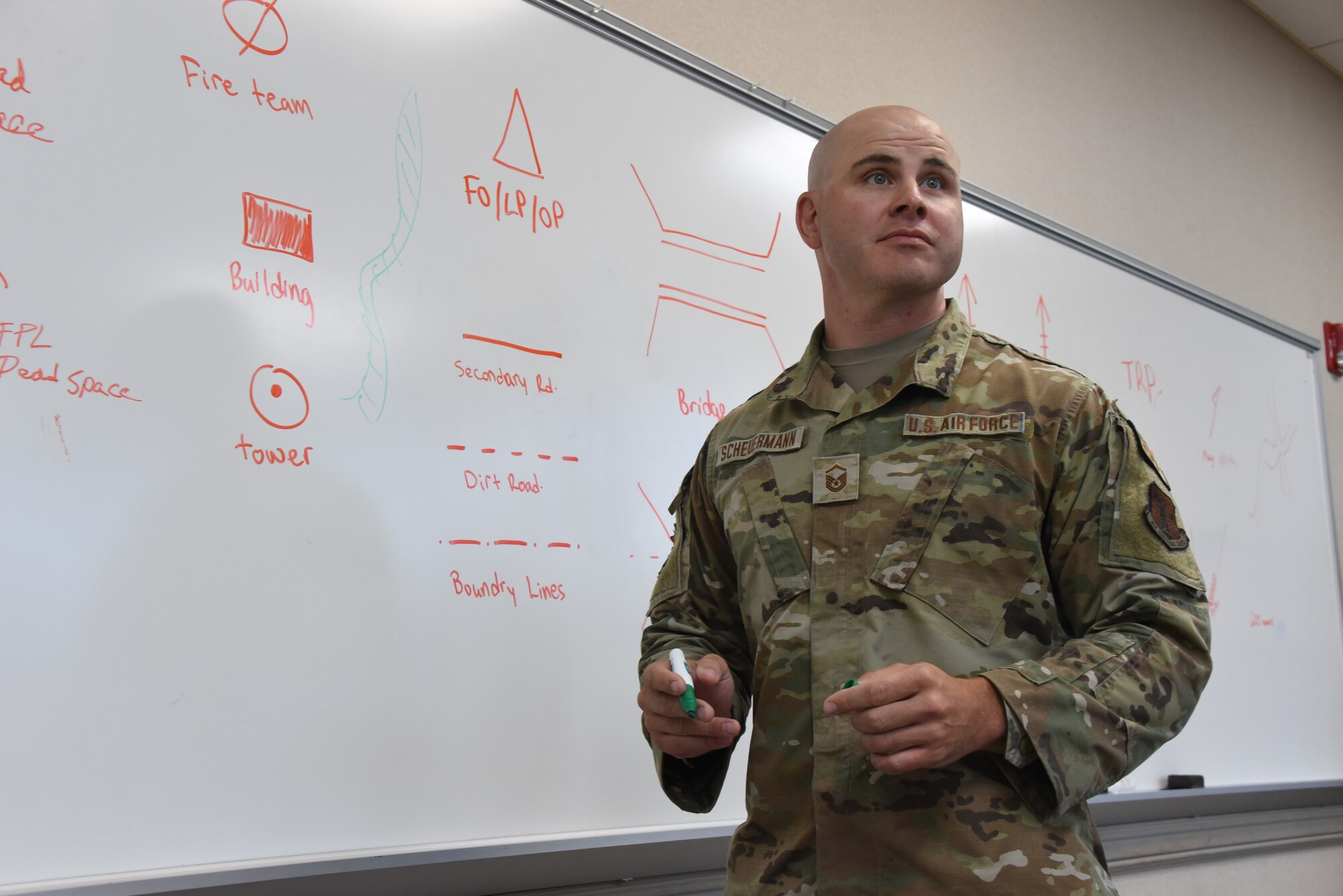Master Sgt. Shawn Scheuermann, 132nd Wing Security Forces Training Manager, instructs a class