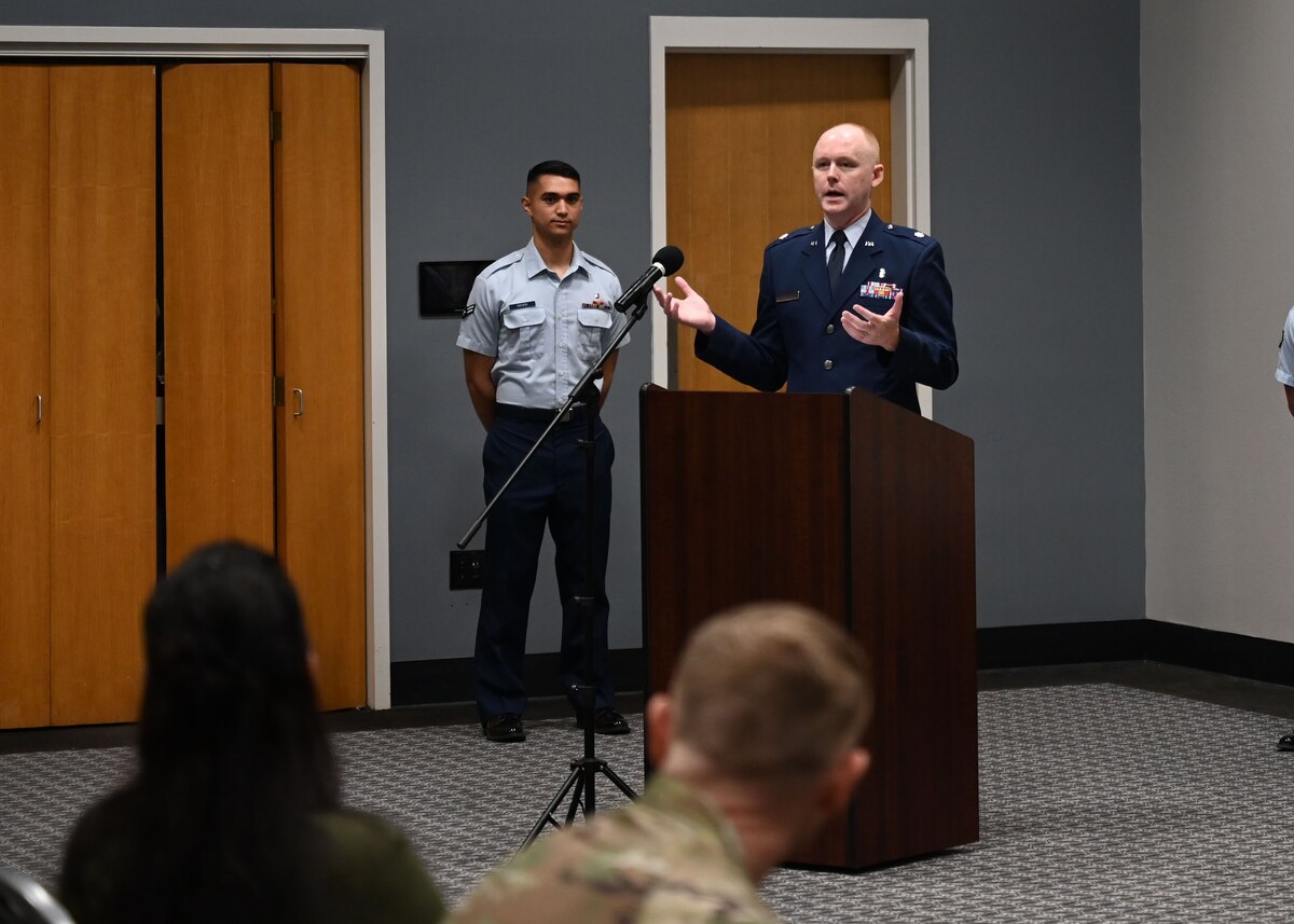 U.S. Air Force Lt. Col. Justin Lusk, incoming 17th Healthcare Operations Squadron commander, speaks during the change of command ceremony at the Powell Event Center, Goodfellow Air Force Base, Texas, July 12, 2024. Lusk thanked everyone who has supported him throughout his career. (U.S. Air Force photo by Senior Airman Zach Heimbuch)
