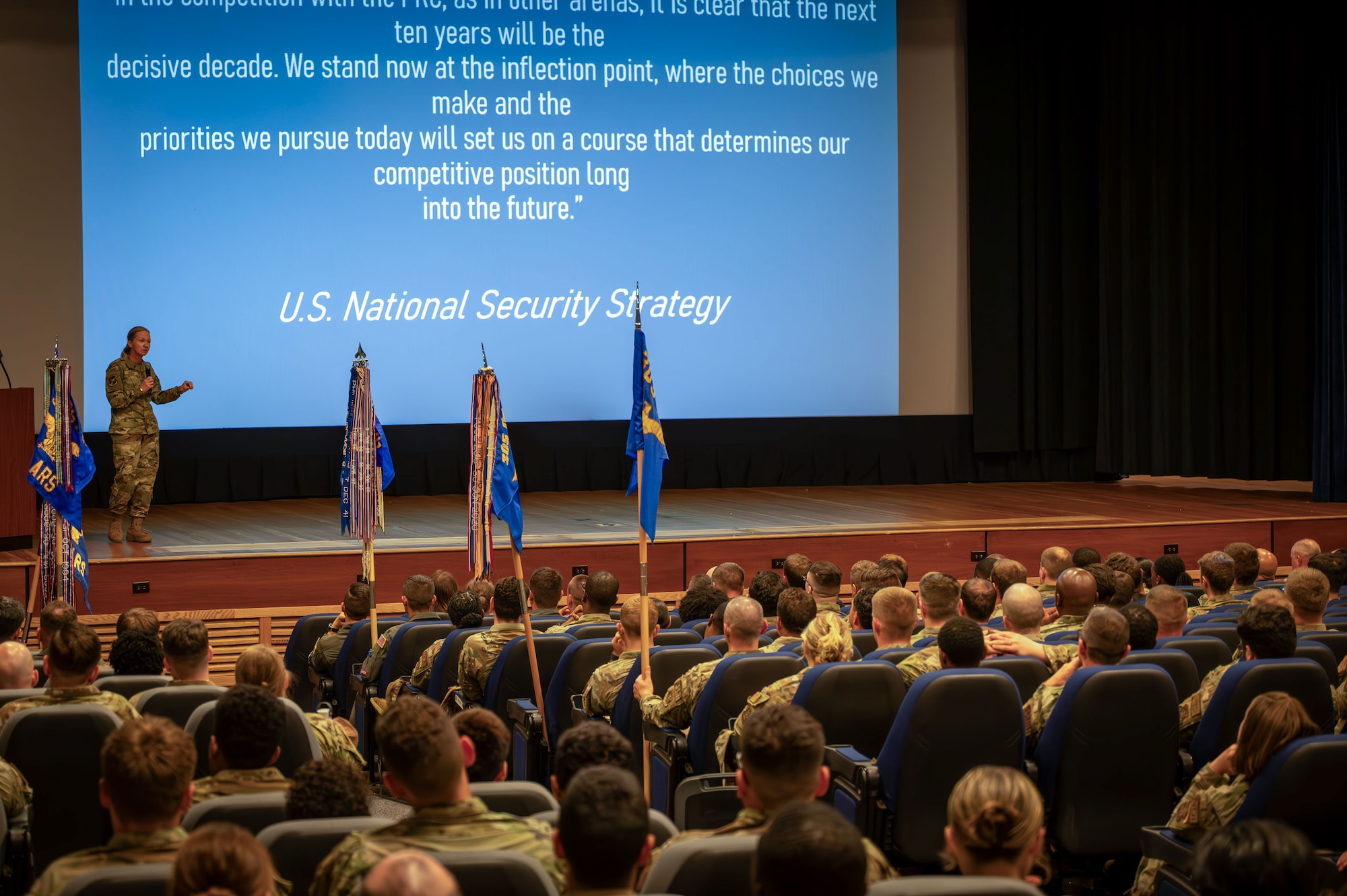 U.S. Air Force Col. Kathleen M. Hasson, 305th Air Mobility Wing commander, leads an all-call at Joint Base McGuire-Dix-Lakehurst, N.J., July 15, 2024. This was Hasson’s first 305th AMW all-call since assuming command of the wing on July 11. (U.S. Air Force photo by 2nd Lt. Alexis Kula)