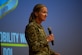 U.S. Air Force Col. Kathleen M. Hasson, 305th Air Mobility Wing commander, leads an all-call at Joint Base McGuire-Dix-Lakehurst, N.J., July 15, 2024. This was Hasson’s first 305th AMW all-call since assuming command of the wing on July 11. (U.S. Air Force photo by Staff Sgt. Monica Roybal)