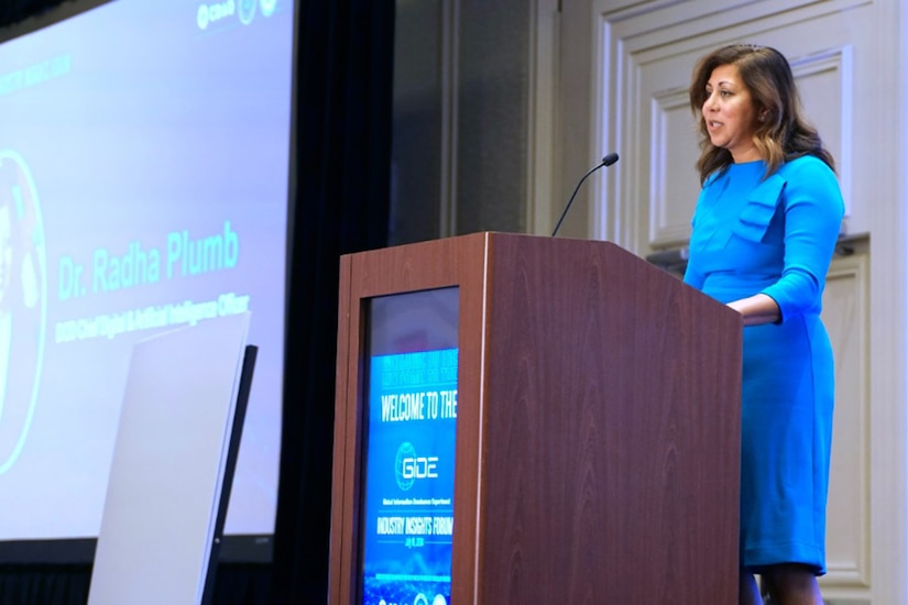 A person speaks from a podium with a blue screen in the background that reads "Dr. Radha Plumb."