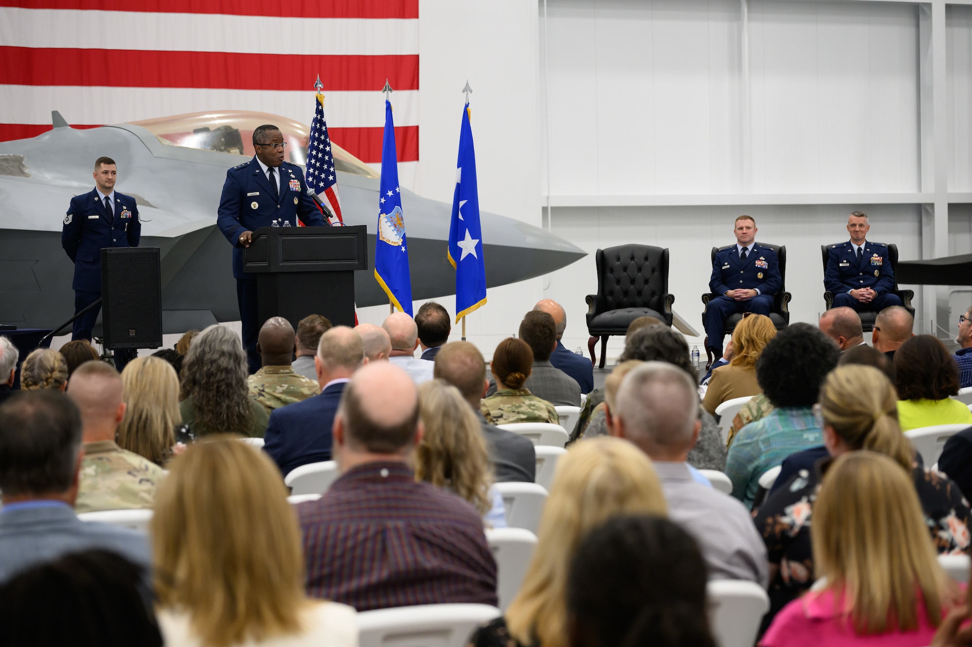 Lt. Gen. Stacey T. Hawkins, Air Force Sustainment Center commander, speaks during a 75th Air Base Wing change of command ceremony July 16. The 75th ABW provides installation support for the Ogden Air Logistics Complex, two fighter wings, and 50 other mission partners. (U.S. Air Force photo by R. Nial Bradshaw)
