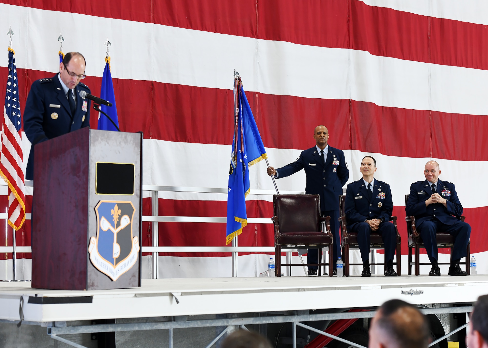 Lt. General Kennedy speaks at the 557 Weather Wing Change of Command.