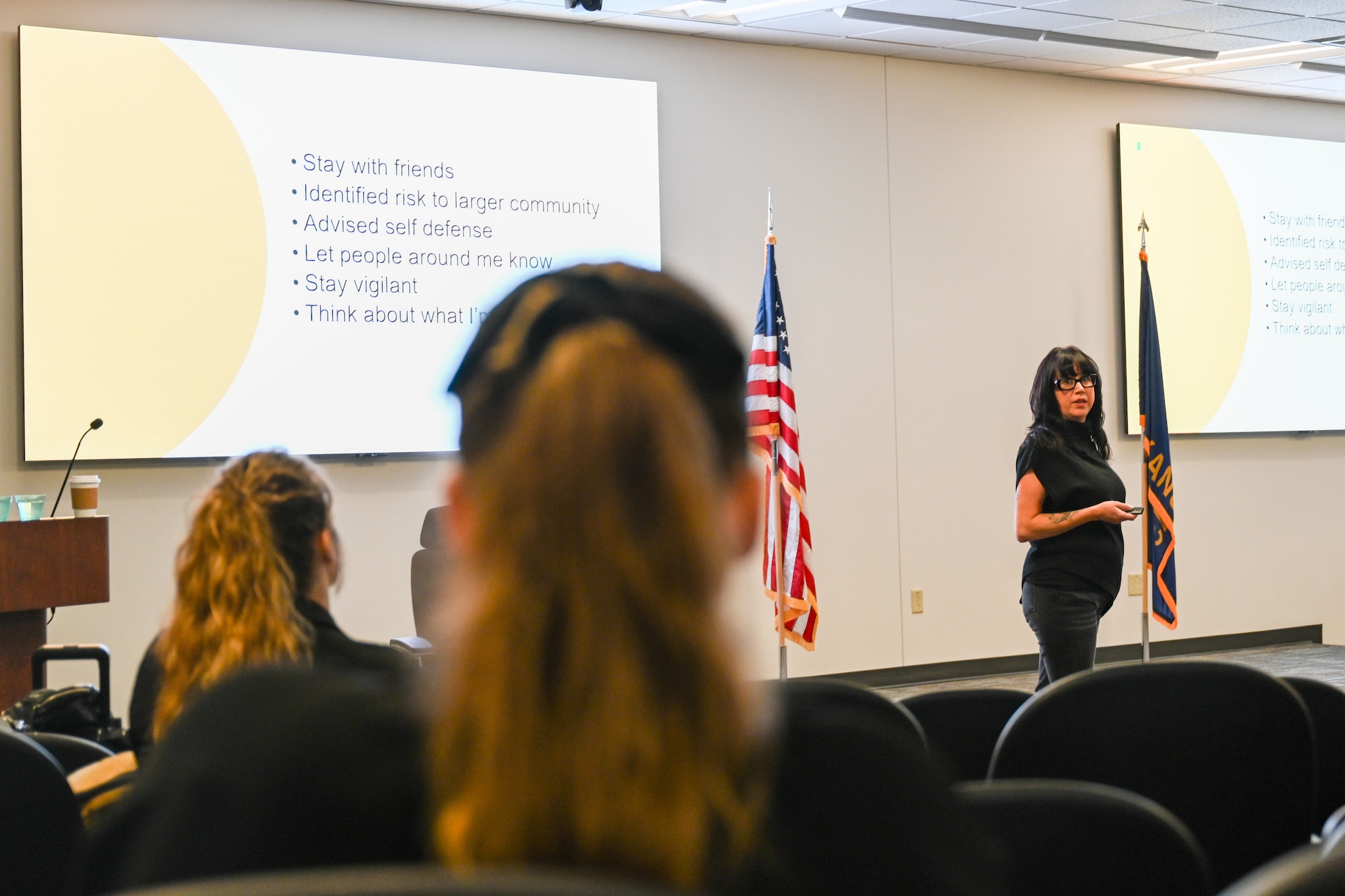 Anna Nasset, an author and survivor of stalking crimes, speaks to Sexual Assault Response Coordinators from across AMC July 9, 2024, at McConnell Air Force Base, Kansas. SARCs and victim advocates meet for teambuilding and refresher training, allowing them to network and train to better help victims of sexual assault.