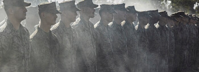 U.S. Marines with Marine Rotational Force – Darwin 24.3 stand at attention during the opening ceremony of Exercise Predator’s Run 24 at Robertson Barracks, NT, Australia, July 15, 2024.