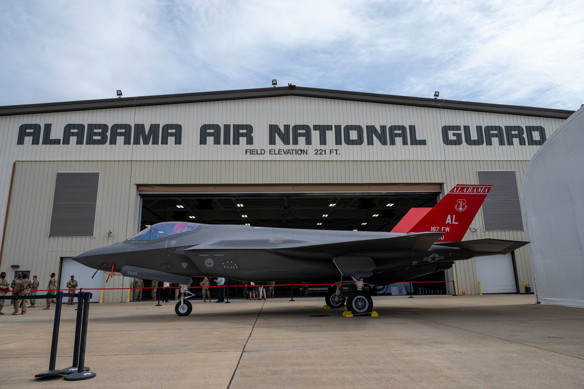 An F-35 in front of a hangar