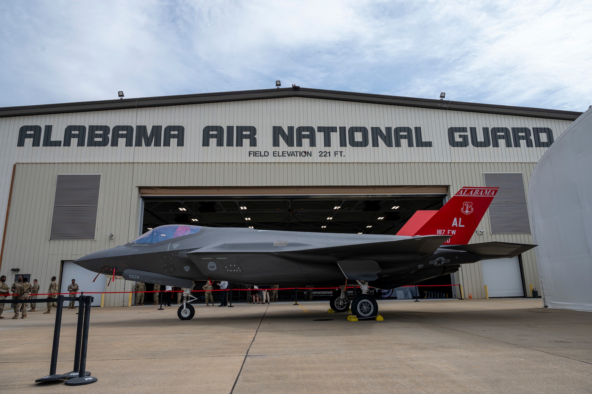 An F-35 in front of a hangar
