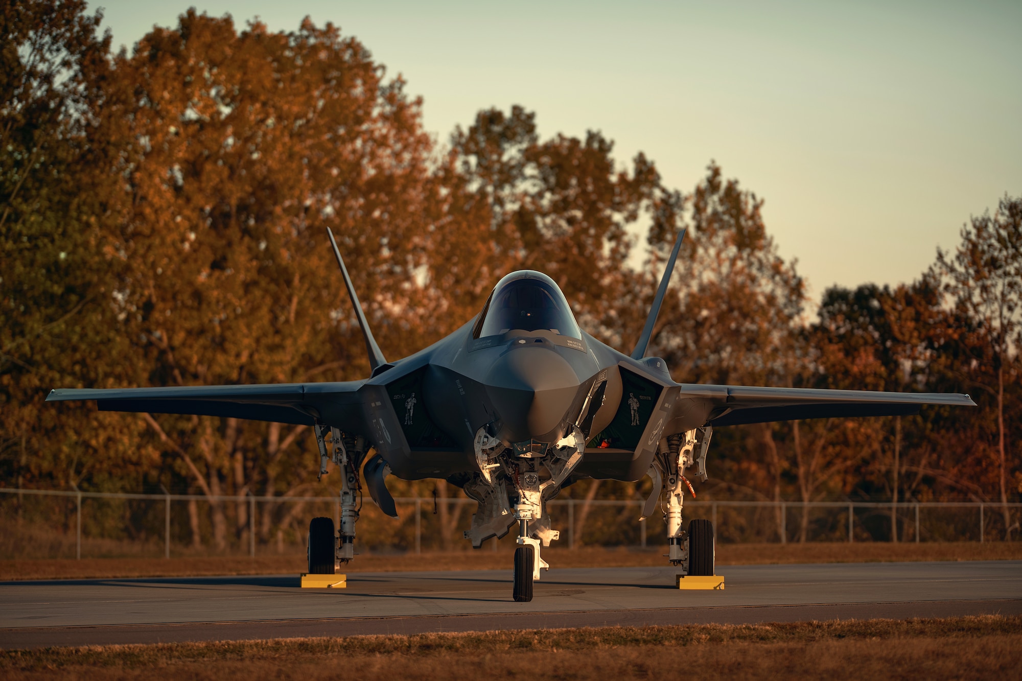 An F-35 in front of autumn leaves
