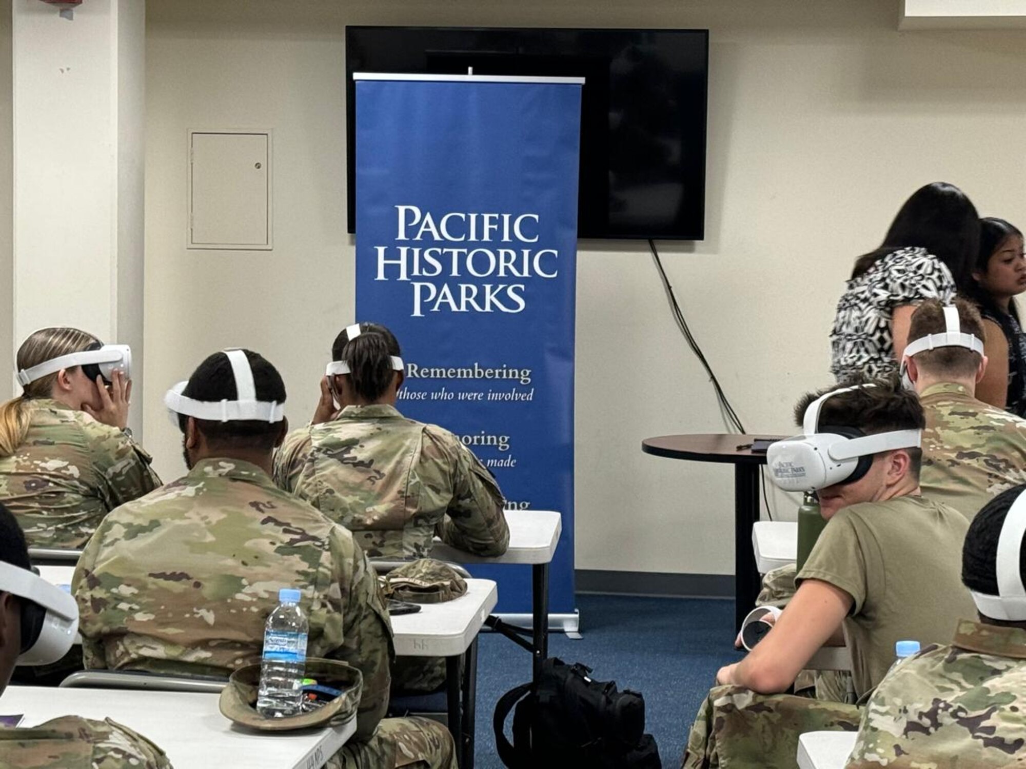 U.S. Air Force members get immersed back in time with Guam World War II Virtual Reality Experience presented by Pacific Historic Parks during the First Term Enlisted Course at Andersen Air Force Base, Guam, 2024. The VR Experience utilizes Meta Quest Oculus headsets to tell the story of the invasion, occupation, and liberation of Guam during World War II through the perspective of Chamorro survivors. (Courtesy Photo)