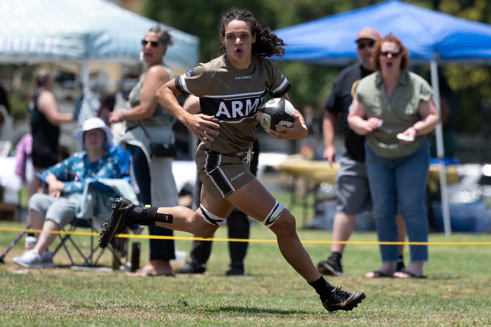 Army Reservist 1st Lt. Cienna Jordan scores three times during the championship match against the Air Force during the 2024 Armed Forces Women’s Rugby Championships held in conjunction with the San Diego Surfers Women’s Rugby Club 7’s Tournament in San Diego, Calif. from July 12-13. Service members from the Army, Marine Corps, Navy, Air Force (with Space Force players), and Coast Guard battle it out for gold.
