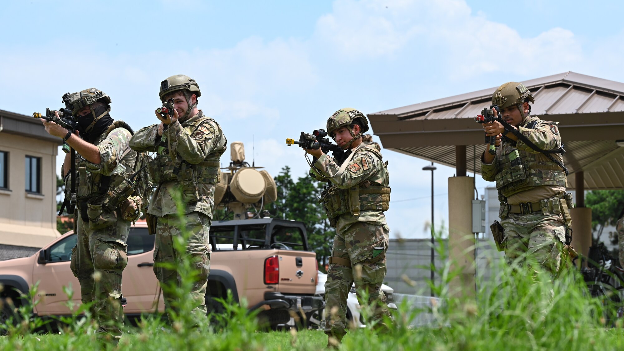 Airmen assigned to the 8th Security Forces Squadron practice weapon drills during exercise Beverly Sentinel 24-2 at Kunsan Air Base, Republic of Korea