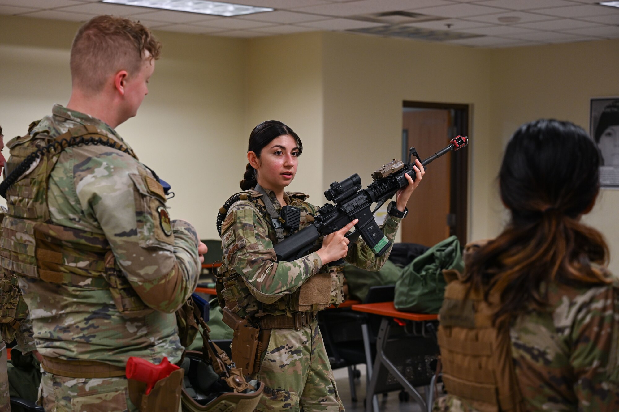 Senior Airman Yerling Aispuro, 8th Security Forces Squadron base defense operations center controller, demonstrates weapon manipulation techniques during exercise Beverly Sentinel 24-2 at Kunsan Air Base, Republic of Korea