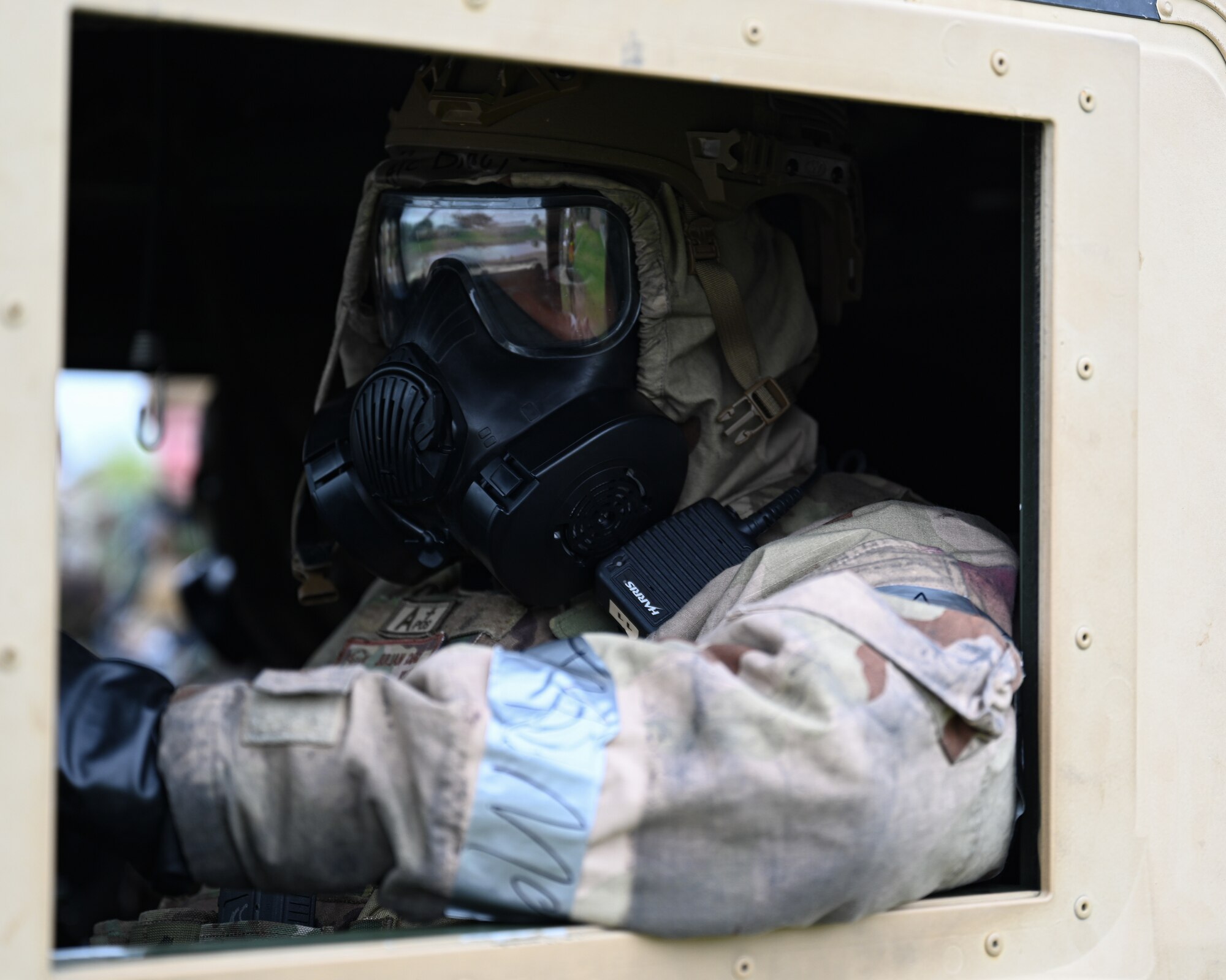 Airman 1st Class Julian Diaz, 8th Security Forces Squadron installation entry controller, participates in chemical, biological, radioactive, nuclear driving training during exercise Beverly Sentinel 24-2 at Kunsan Air Base, Republic of Korea