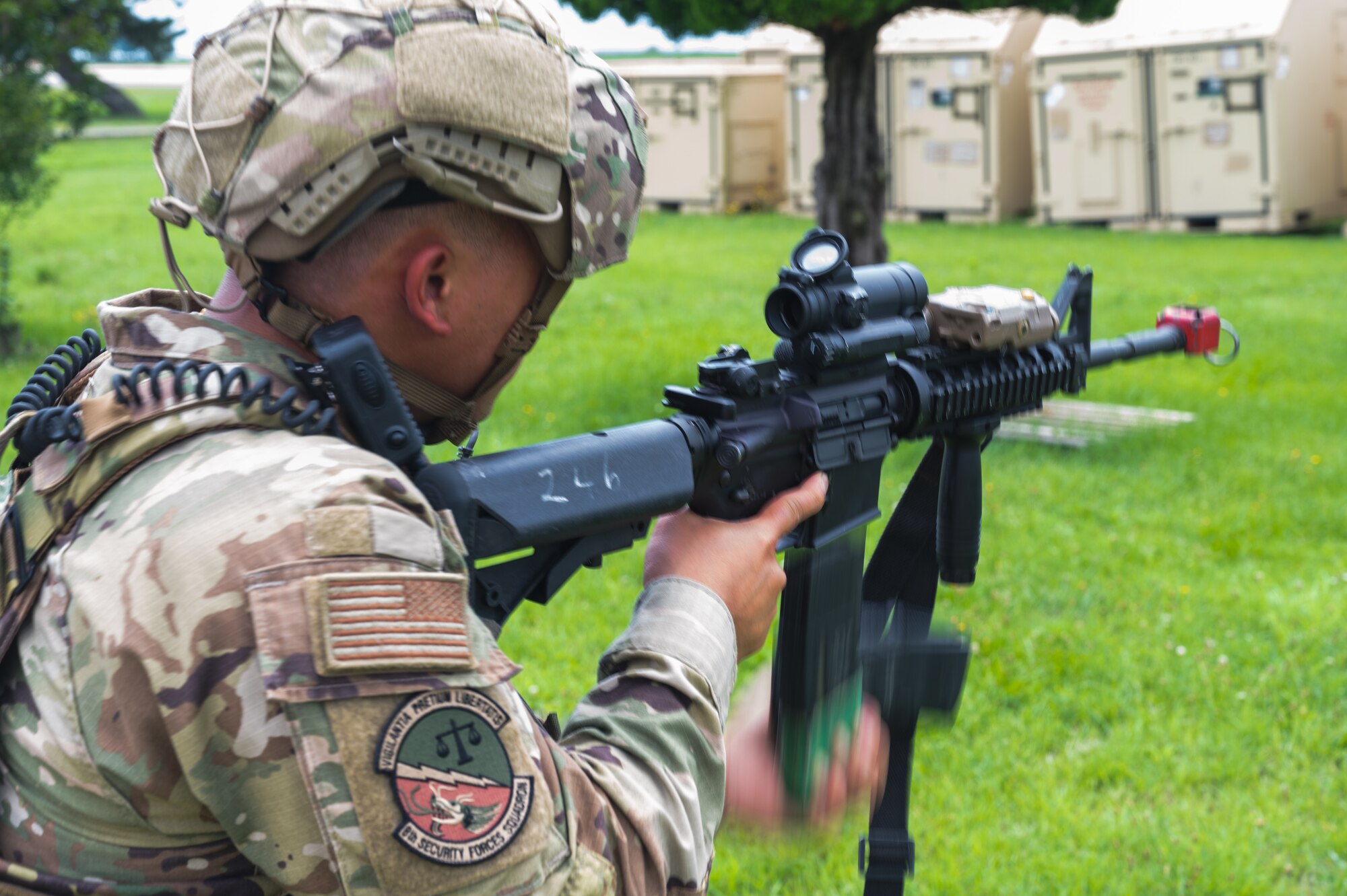 Airman King Magune, 8th Security Forces Squadron defender, performs a tactical reload during Beverly Sentinel 24-2 at Kunsan Air Base, Republic of Korea
