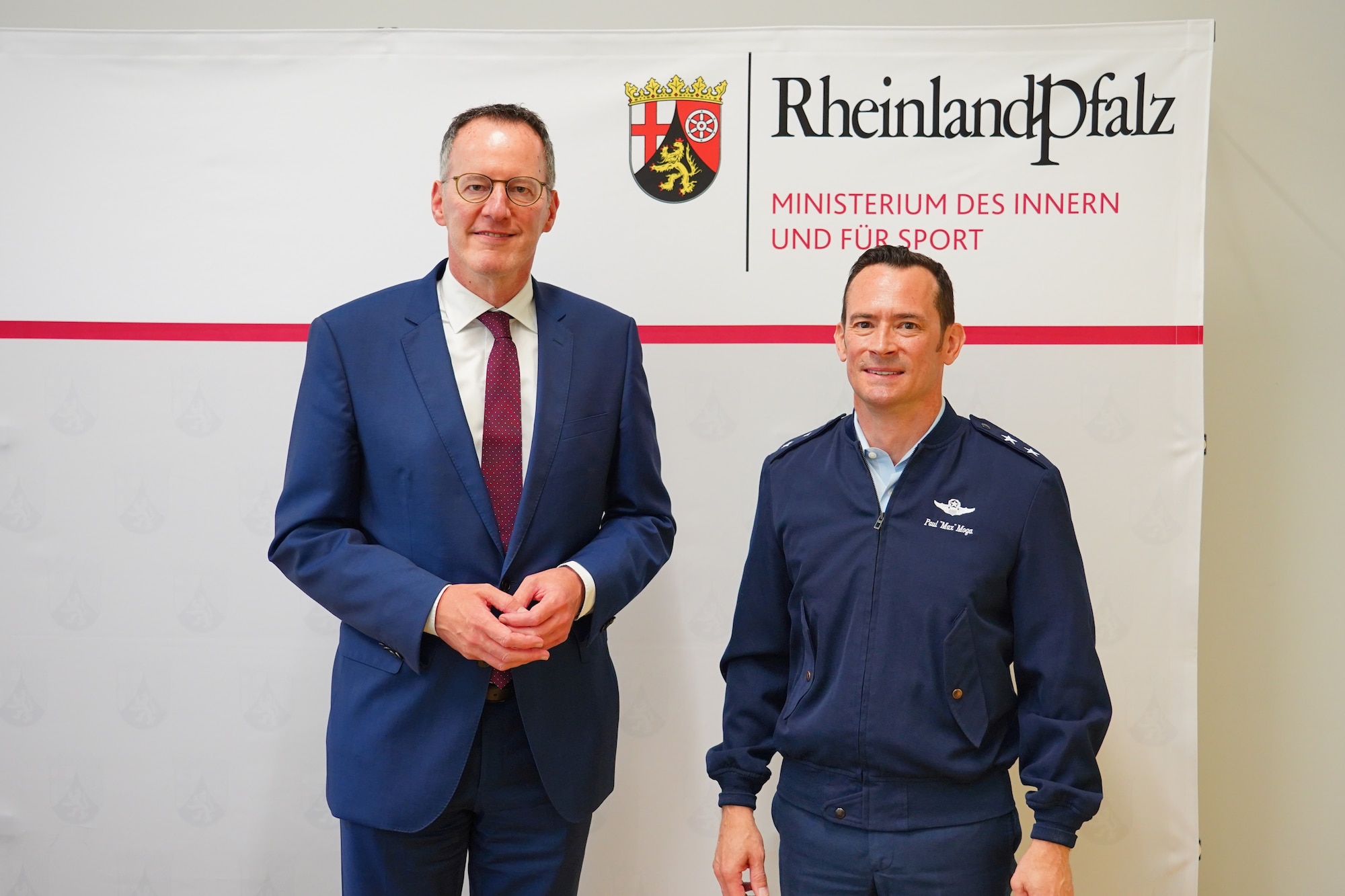 Maj. Gen. Paul D. Moga, Third Air Force and Kaiserslautern Military Community commander, and Michael Ebling, State Minister of the Interior of Rhineland-Palatinate, meet to sign a cooperation agreement establishing a partnership between the KMC and the Police Presidium West Palatinate with the aim of preventing and reducing DUI offenses in the area July 15, 2024.