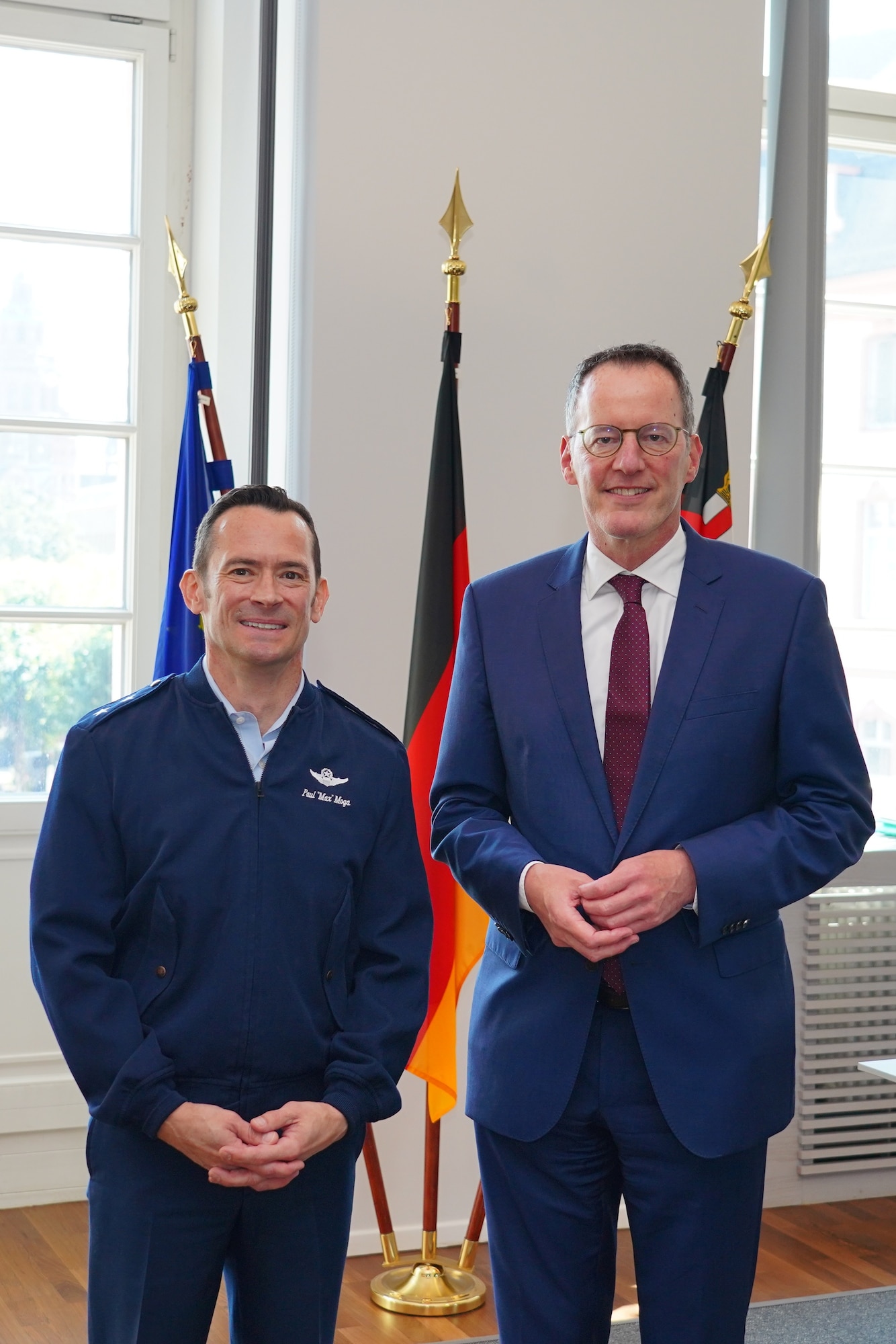 Maj. Gen. Paul D. Moga, Third Air Force and Kaiserslautern Military Community commander, and Michael Ebling, State Minister of the Interior of Rhineland-Palatinate, meet to sign a cooperation agreement establishing a partnership between the KMC and the Police Presidium West Palatinate with the aim of preventing and reducing DUI offenses in the area July 15, 2024.