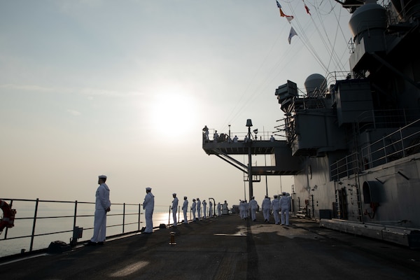 240717-N-XL529-1002
PORT KLANG, Malaysia (July 17, 2024) - Sailors aboard the U.S. 7th Fleet flagship USS Blue Ridge (LCC 19) prepare to man the rails as the ship arrives in Port Klang, Malaysia for a scheduled port visit, July 17, 2024. 7th Fleet is the U.S. Navy's largest forward-deployed numbered fleet, and routinely interacts and operates with allies and partners in preserving a free and open Indo-Pacific region. (U.S. Navy photo by Lt. j.g. Sarah Merrill)