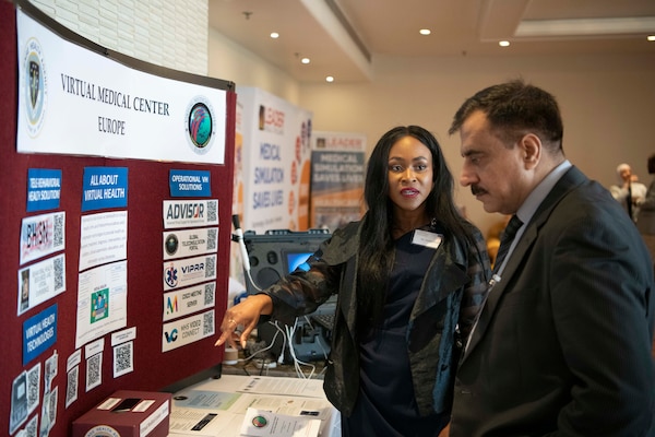 Shellie Hardie, Virtual Medical Center Europe, showcases virtual health techniques at the Multinational Combat Casualty Care Engagement “Beyond Borders: Managing Casualties Across Warfare Continuum” conference, July 2.