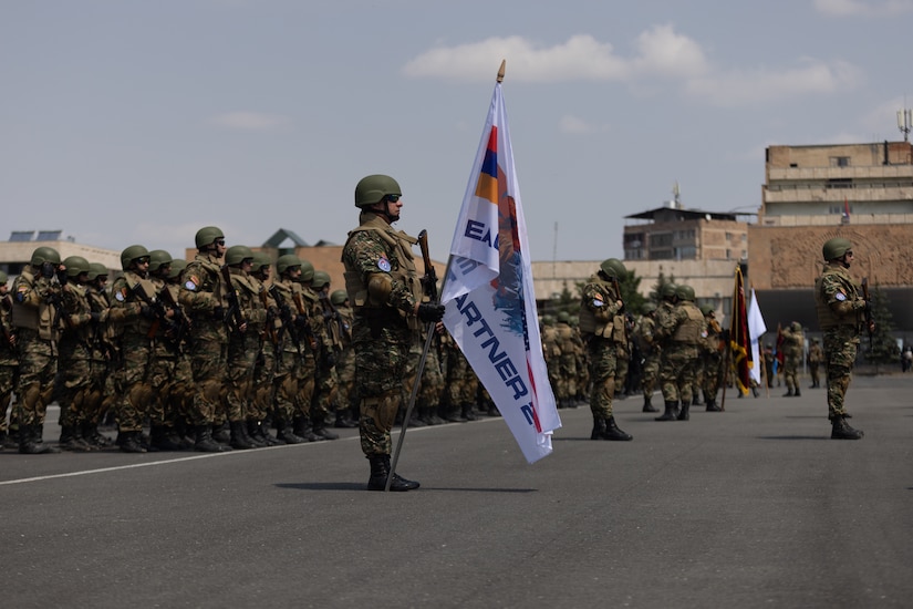 Armenian service members attached to 12th Peacekeeping Brigade (PKB) participate in the opening ceremony for the Eagle Partner 24 in Yerevan, Armenia, July 15, 2024. Eagle Partner serves to prepare the Armenian Armed Forces to participate in NATO peacekeeping operations and to build relationships between the U.S. and Armenia. (U.S. Army photo by Spc. Alexcia Rupert)