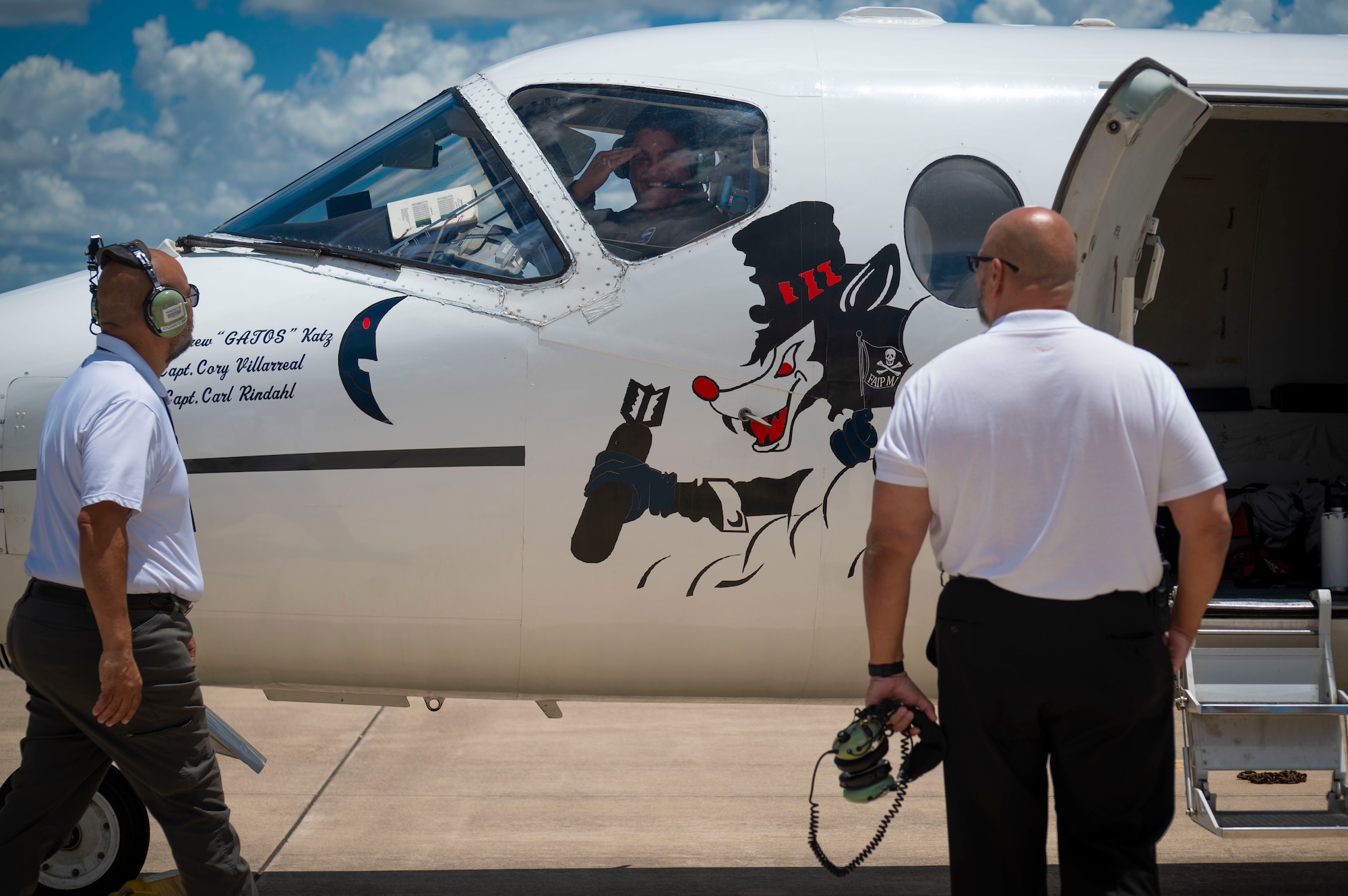 U.S. Air Force Col. Andrew Katz, 47th Flying Training Wing deputy commander and Laughlin’s oldest T-1A First Assignment Instructor Pilot (FAIP), prepares for a flight in a T-1A Jayhawk at Laughlin Air Force Base, Texas, July 15, 2024. Katz and Capt. Cory Villarreal, 86th Flying Training Squadron’s last T-1A FAIP, shared Katz’s “fini” flight: his final flight before his retirement from active duty, in Laughlin’s T-1A FAIP heritage tail that bears both their names. (U.S. Air Force photo by Senior Airman Kailee Reynolds)