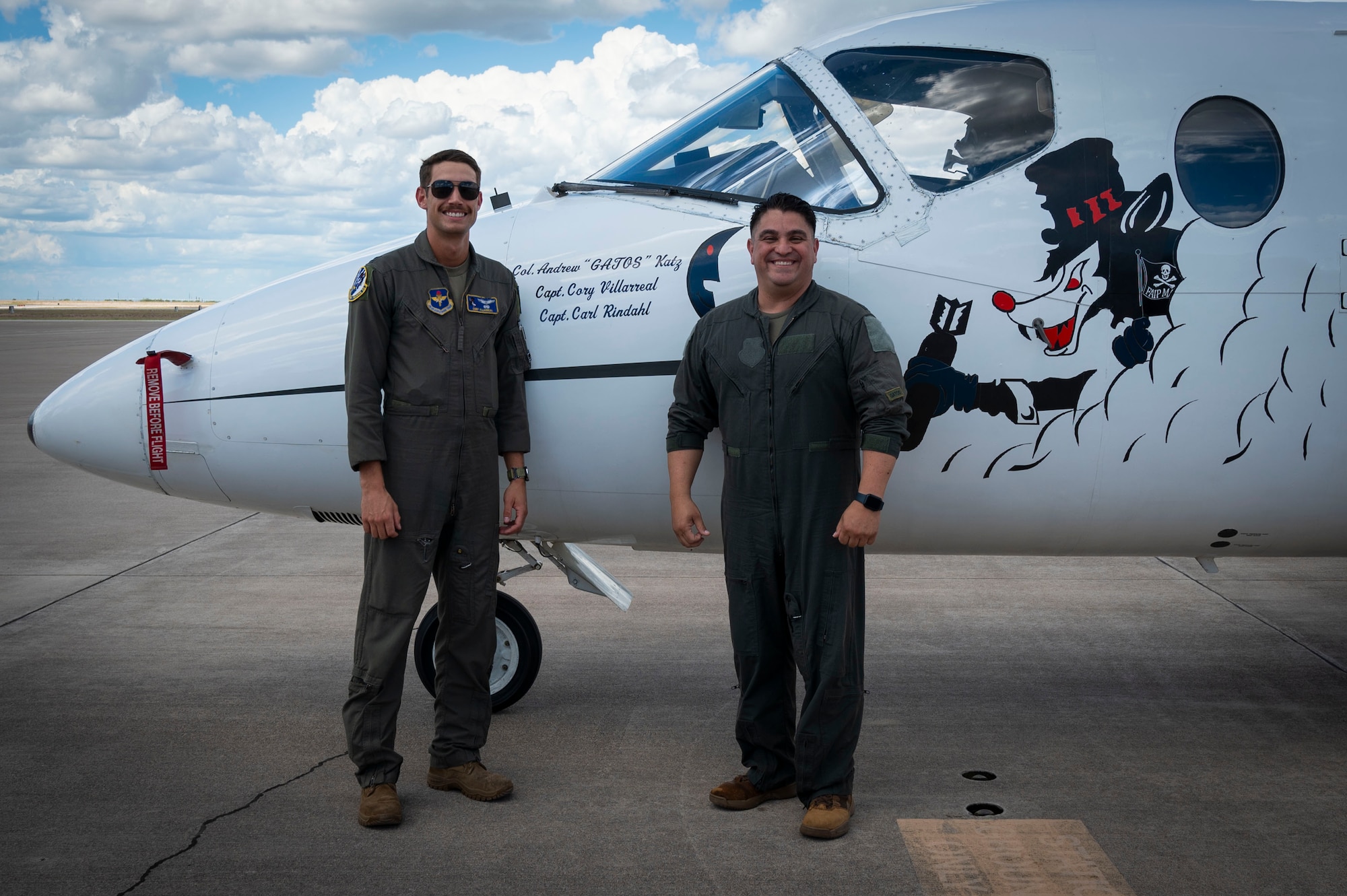 U.S. Air Force Capt. Cory Villarreal (left), 86th Flying Training Squadron’s last T-1A First Assignment Instructor Pilot (FAIP), and Col. Andrew Katz (right), 47th Flying Training Wing deputy commander and Laughlin’s oldest T-1A FAIP, pose in front of a T-1A Jayhawk at Laughlin Air Force Base, Texas, July 15, 2024. Katz and Villarreal shared Katz’s “fini” flight, his final flight before his retirement from active duty, in Laughlin’s T-1A FAIP heritage tail that bears both their names. (U.S. Air Force photo by Senior Airman Kailee Reynolds)