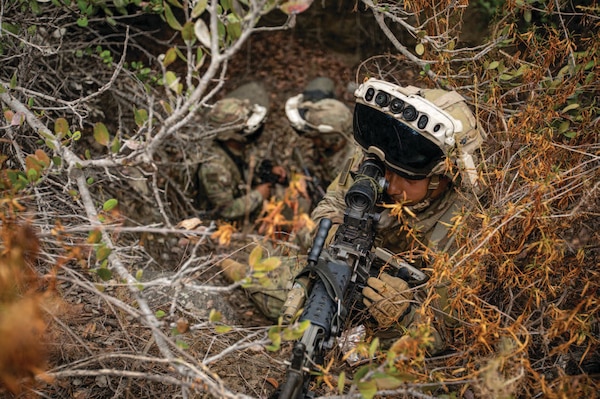 Army Soldiers assigned to 5th Squadron, 73rd Cavalry Regiment, 3rd Brigade Combat Team, 82nd Airborne Division, experiment with Integrated
Visual Augmentation System during Project Convergence at Camp Talega, California, October 14, 2022