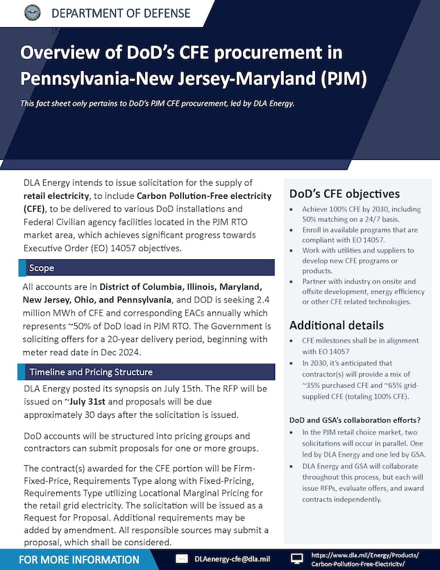 Overview of Department of Defense’s (DoD) Carbon Pollution-Free electricity (CFE) procurement in Pennsylvania-New Jersey-Maryland (PJM) facts sheet
