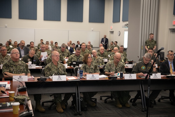 Chief of Naval Operations Adm. Lisa Franchetti participates in discussions at the CNO Futures Game at Naval Station Newport, Rhode Island, July 16, 2024. The Navy uses events like the CNO Futures Game as part of an ongoing series of Joint and Navy-sponsored events to shape and inform naval strategy, analysis, operational concepts, and warfighting requirements. This image has been altered by obscuring badges for security purposes. (U.S. Navy photo by Senior Chief Mass Communication Specialist Elliott Fabrizio/released)