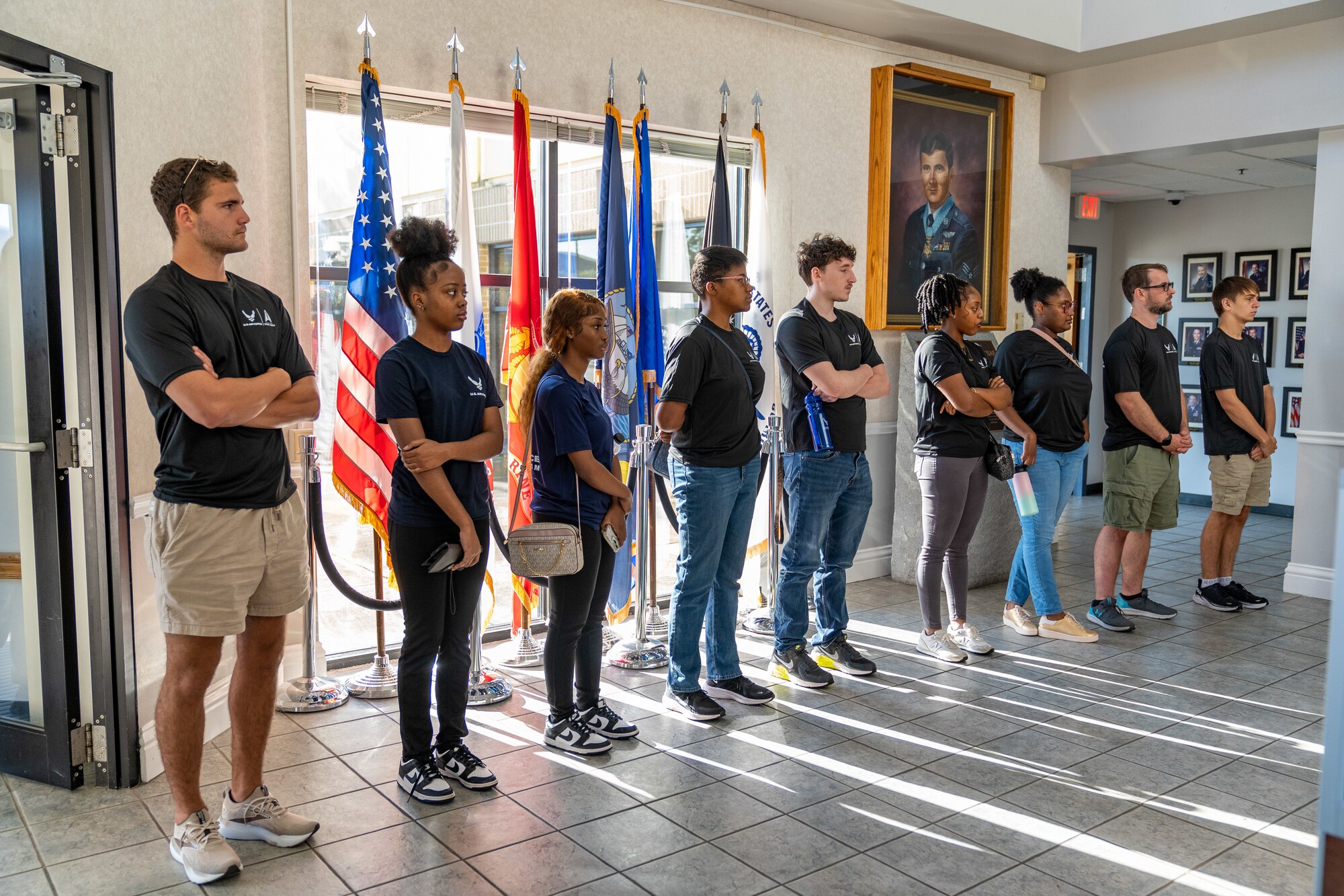 Enlistees assigned to the 331st Recruiting Squadron delayed entry program receive a briefing at the Levitow Training Support Facility during their tour of Keesler Air Force Base, Mississippi, July 11, 2024. These future Airmen and Guardians received the tour to better understand the various career fields within the Air Force and Space Force. (U.S. Air Force photo by Andrew Young)