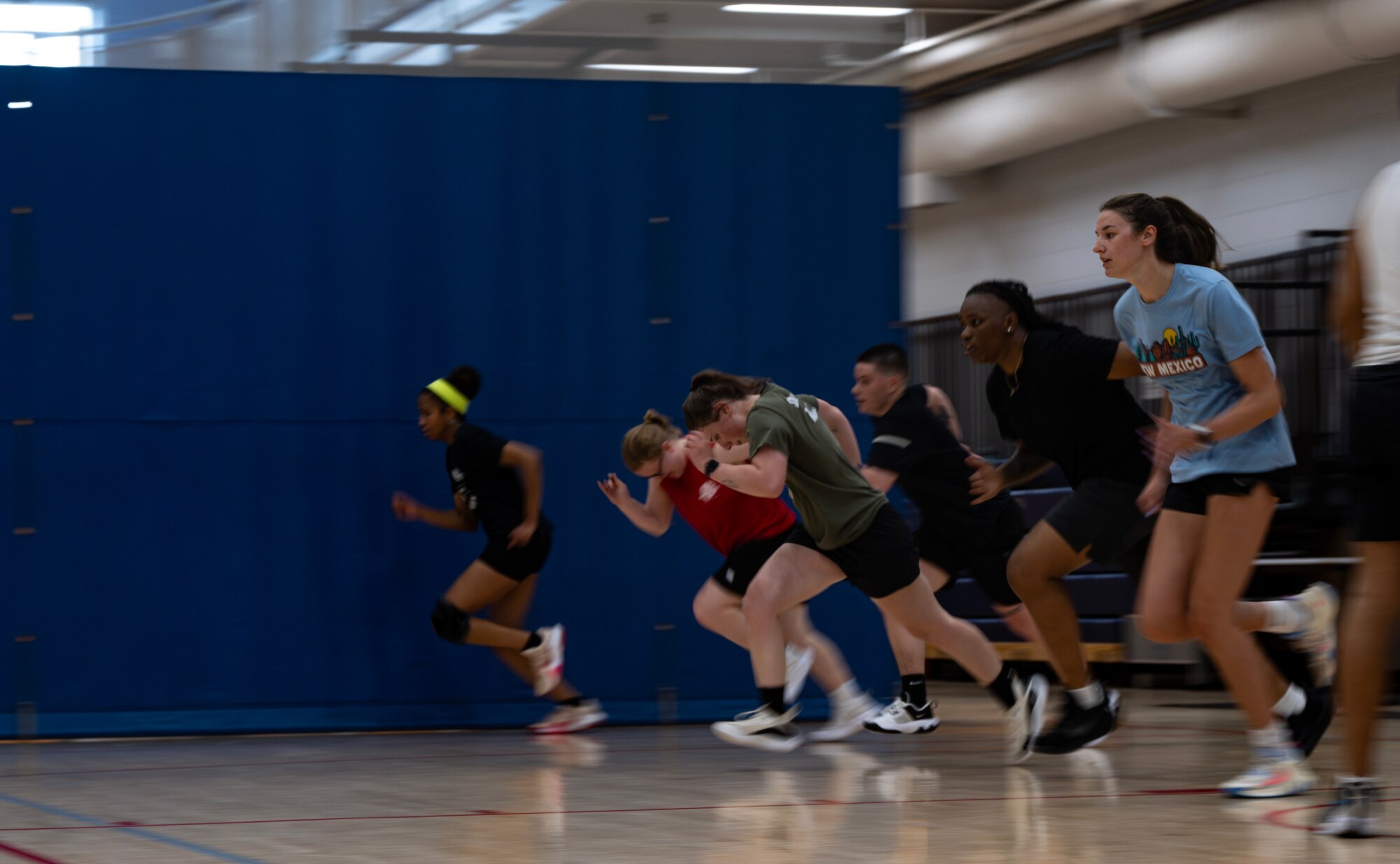 Minot Air Force Base (AFB) Lady Bombers basketball team members run during practice at Minot AFB, North Dakota, July 10, 2024.
The Lady Bombers are part of the Women’s Military Basketball Association, consisting of teams across multiple military branches.
(U.S. Air Force photo by Airman 1st Class Alyssa Bankston)