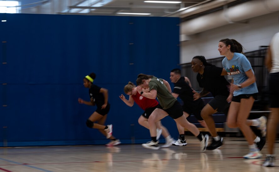 Minot Air Force Base (AFB) Lady Bombers basketball team members run during practice at Minot AFB, North Dakota, July 10, 2024.
The Lady Bombers are part of the Women’s Military Basketball Association, consisting of teams across multiple military branches.
(U.S. Air Force photo by Airman 1st Class Alyssa Bankston)