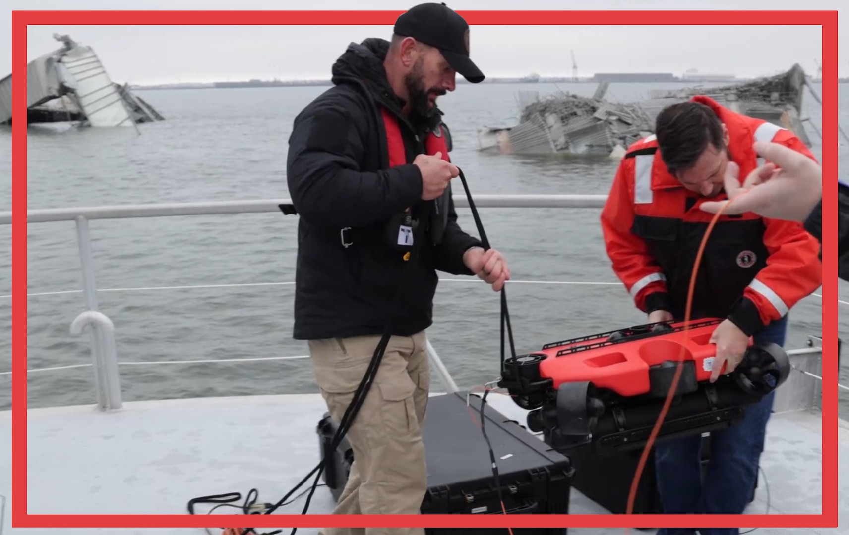 Carl Shipley, ROV & UPSEC program manager, prepares an unmanned submersible vehicle to search for victims of the March 26, 2024 Francis Scott Key Bridge collapse in Baltimore, Maryland. The Coast Guard integrated unmanned ROVs with unmanned aircraft systems (UAS) to search for victims following the accident.  (Photo by David Adams, U.S. Army Corps of Engineers)