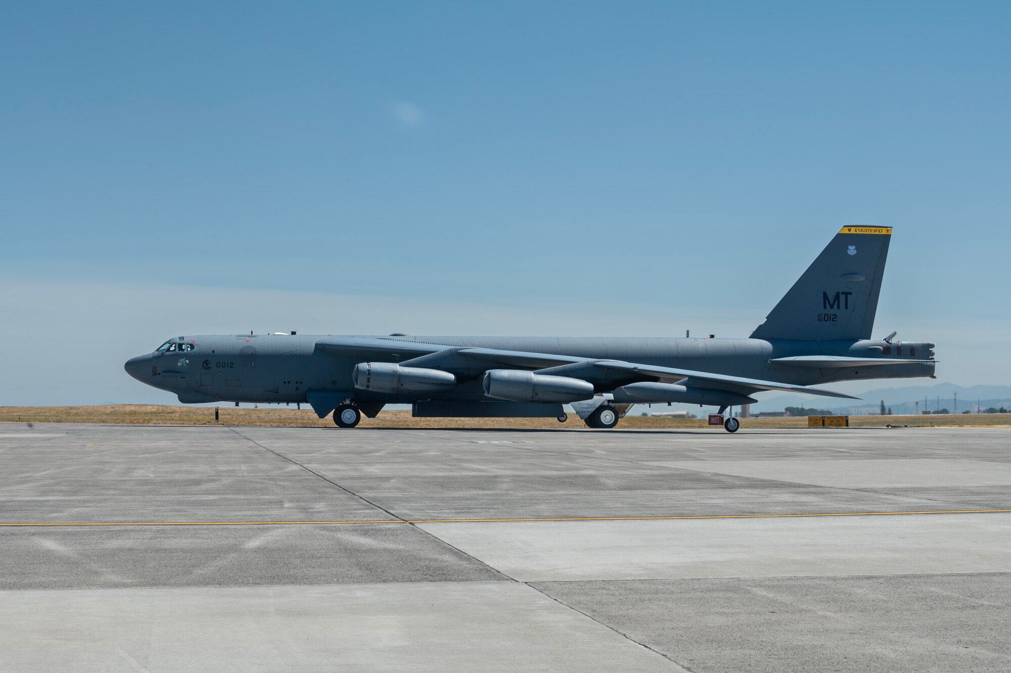 A B-52H Stratofortress assigned to the 69th Bomb Squadron taxis at Fairchild Air Force Base, Washington, July 15, 2024. Four B-52’s arrived from Minot AFB to Fairchild AFB for Agile Combat Employment integration event, Agile Warbird. This training event is for routine purposes to increase unit readiness, as staying sharp and agile requires constant training and diverse integrations. (U.S. Air Force photo by Senior Airman Morgan St Marks)