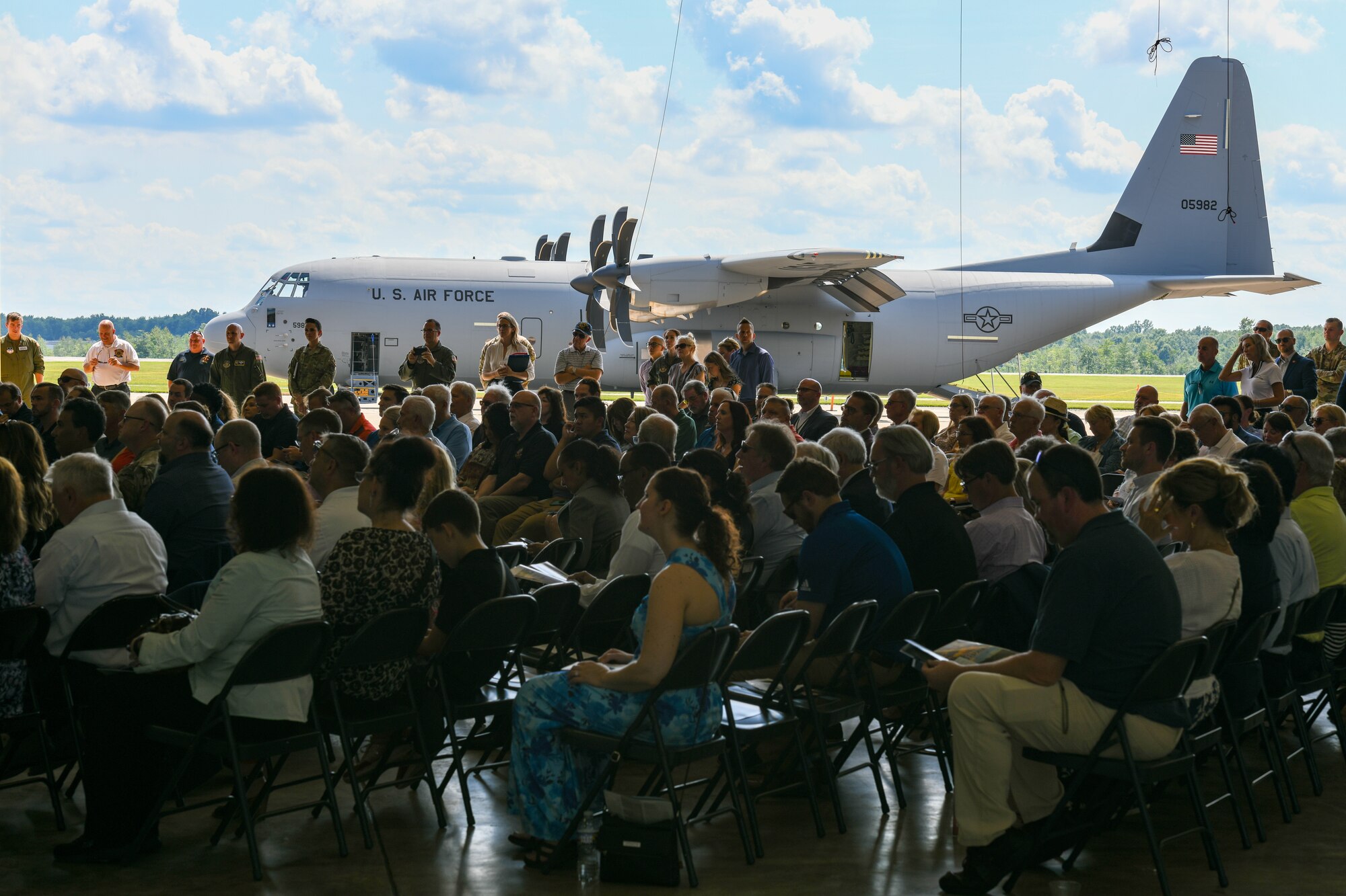 The 910th Airlift Wing’s first C-130J-30 Super Hercules aircraft is parked the arrival ceremony celebrating its debut on July 16, 2024, at Youngstown Air Reserve Station, Ohio.