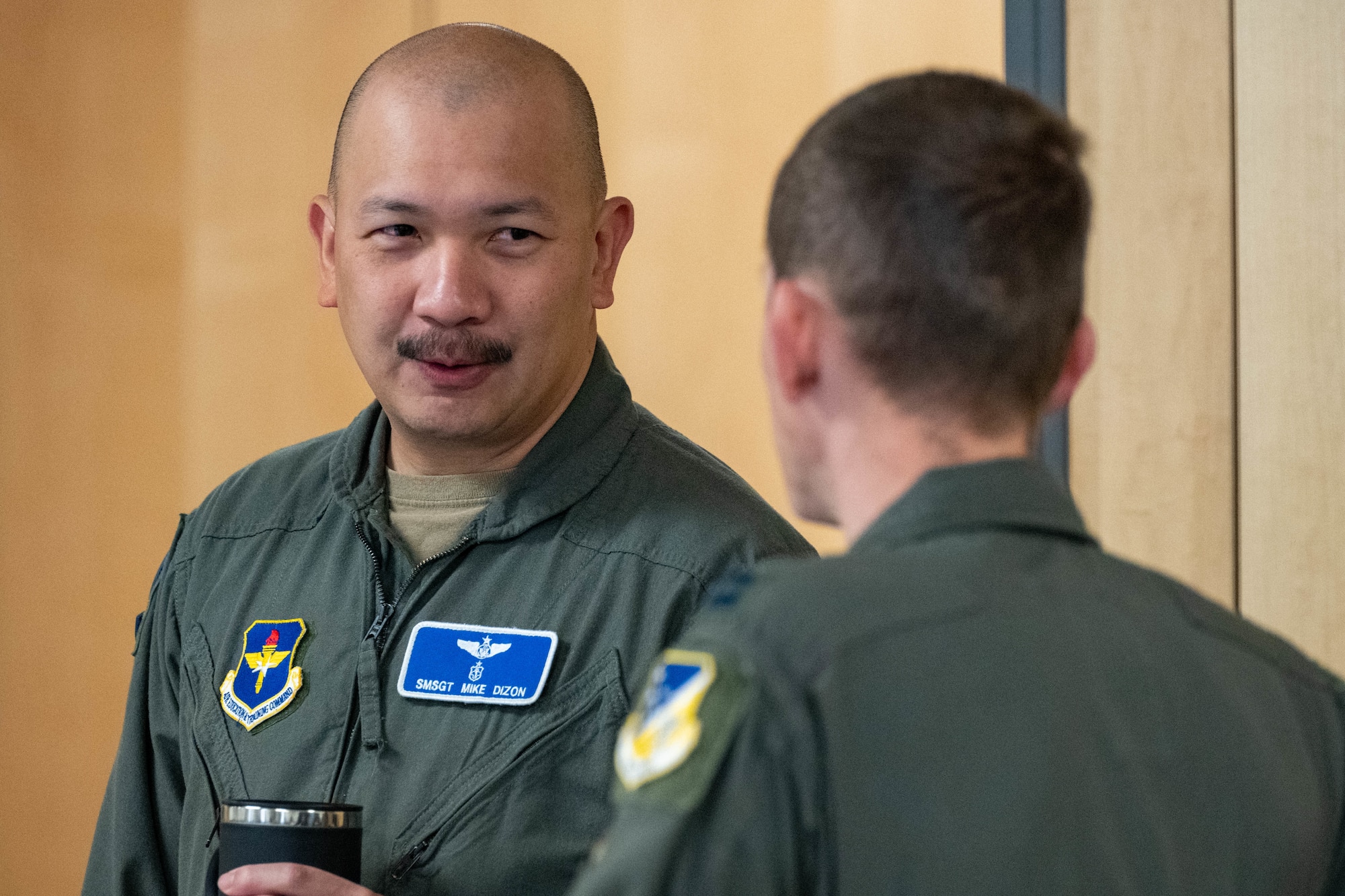 U.S. Air Force Senior Master Sgt. Mike Dizon, 6th Attack Squadron senior enlisted leader, left, answers leadership questions from U.S. Air Force Capt. Jason Adams, 6th Attack Squadron B-flight commander, at the 49er Flight Leadership Course at Holloman Air Force Base, New Mexico, July 10, 2024.