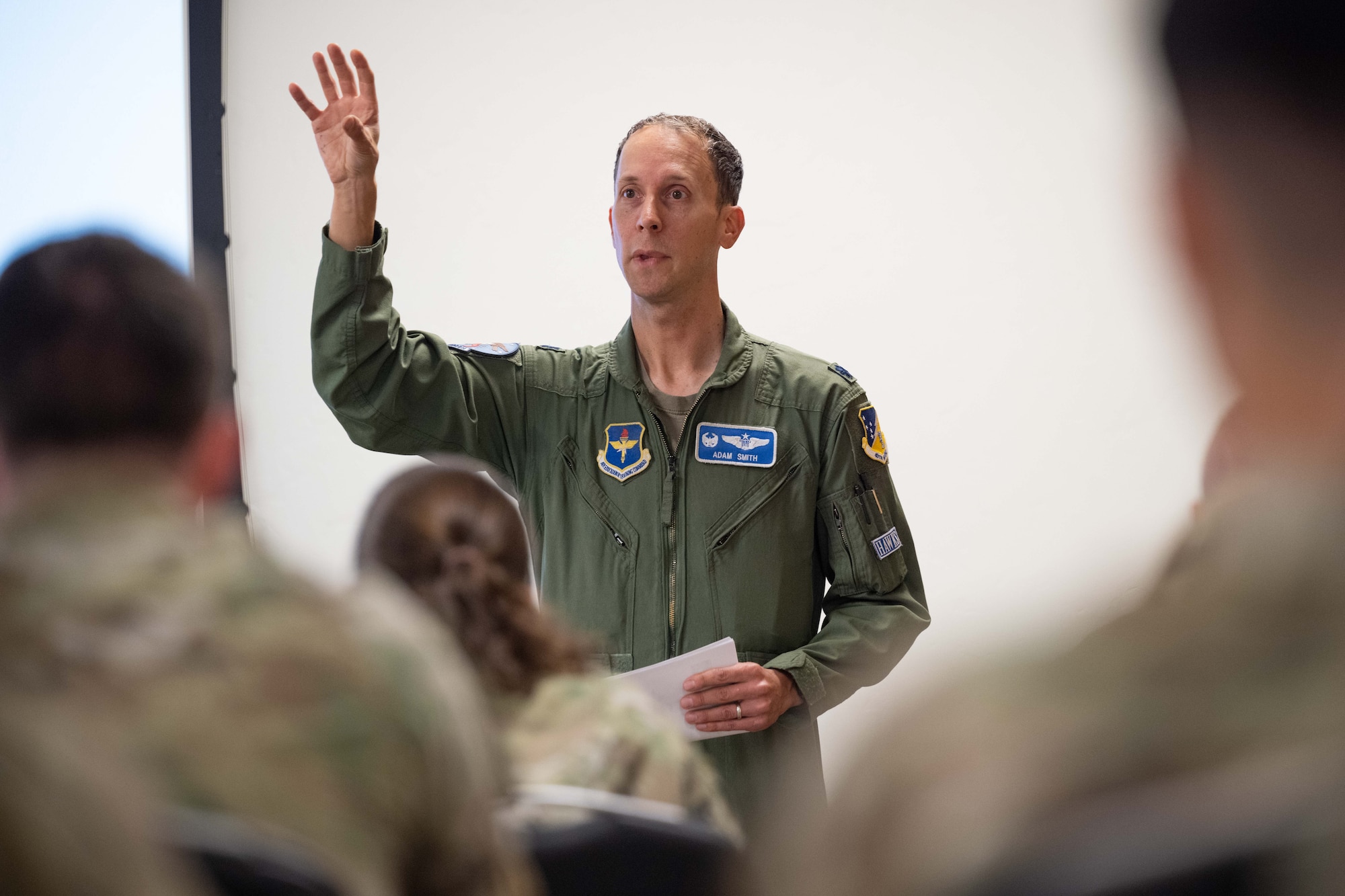 U.S. Air Force Lt. Col. Adam Smith, 6th Attack Squadron commander, discusses ways to develop personnel at the 49er Flight Leadership Course at Holloman Air Force Base, New Mexico, July 10, 2024.