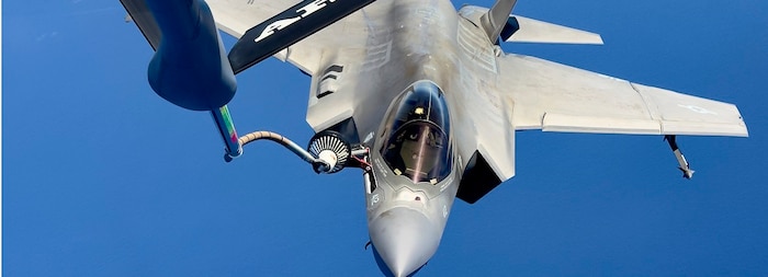 An F-35C Lightning II, assigned to the “War Hawks” of Strike Fighter Squadron (VFA) 97, receives fuel from a KC-135 Stratotanker assigned to the 927th Air Refueling Wing, RIMPAC 2024 Detachment.