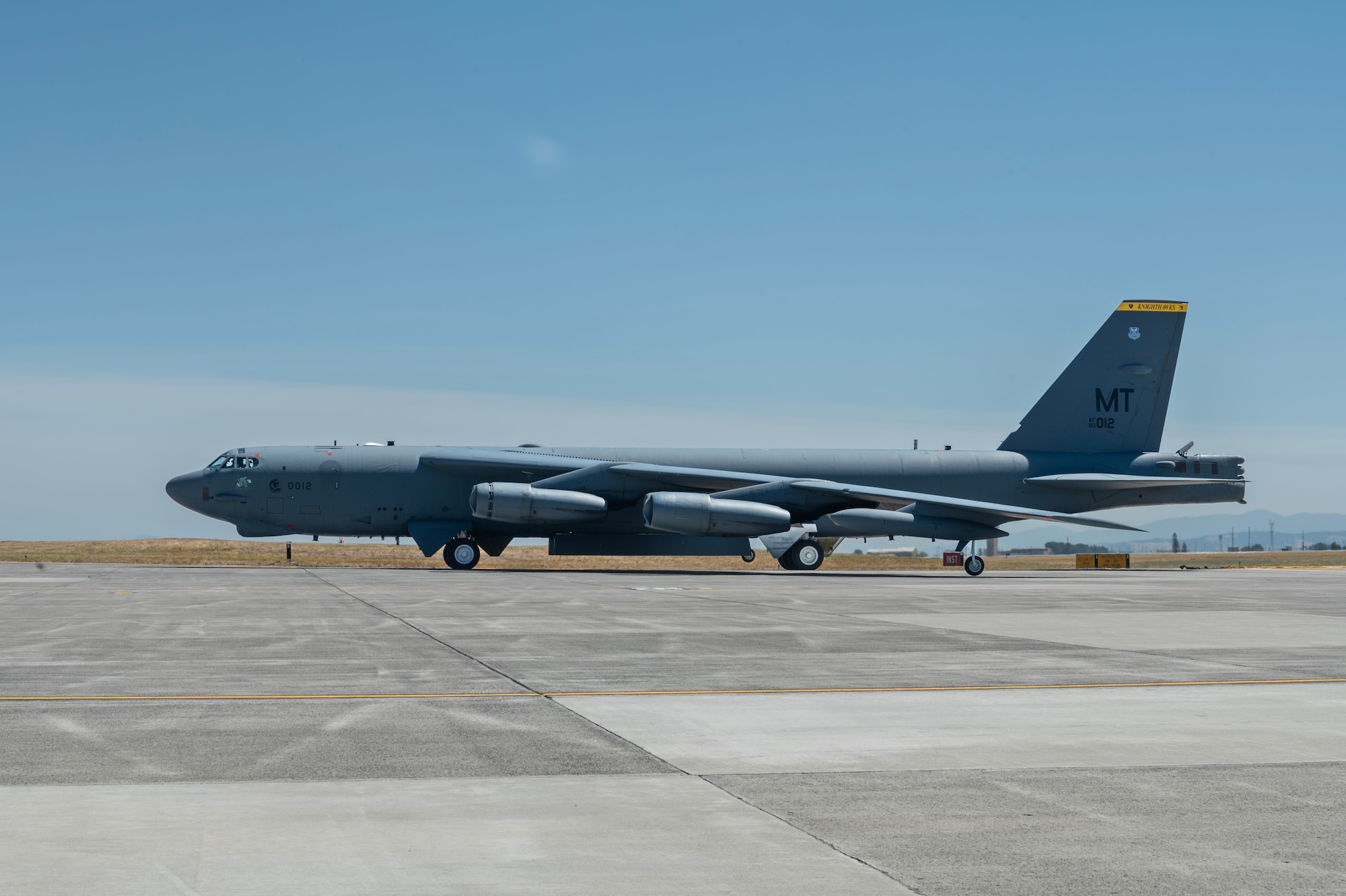 A B-52H Stratofortress assigned to the 69th Bomb Squadron taxis at Fairchild Air Force Base, Washington, July 15, 2024. Four B-52’s arrived from Minot AFB to Fairchild AFB for Agile Combat Employment integration event, Agile Warbird. This training event is for routine purposes to increase unit readiness, as staying sharp and agile requires constant training and diverse integrations. (U.S. Air Force photo by Senior Airman Morgan St Marks)
