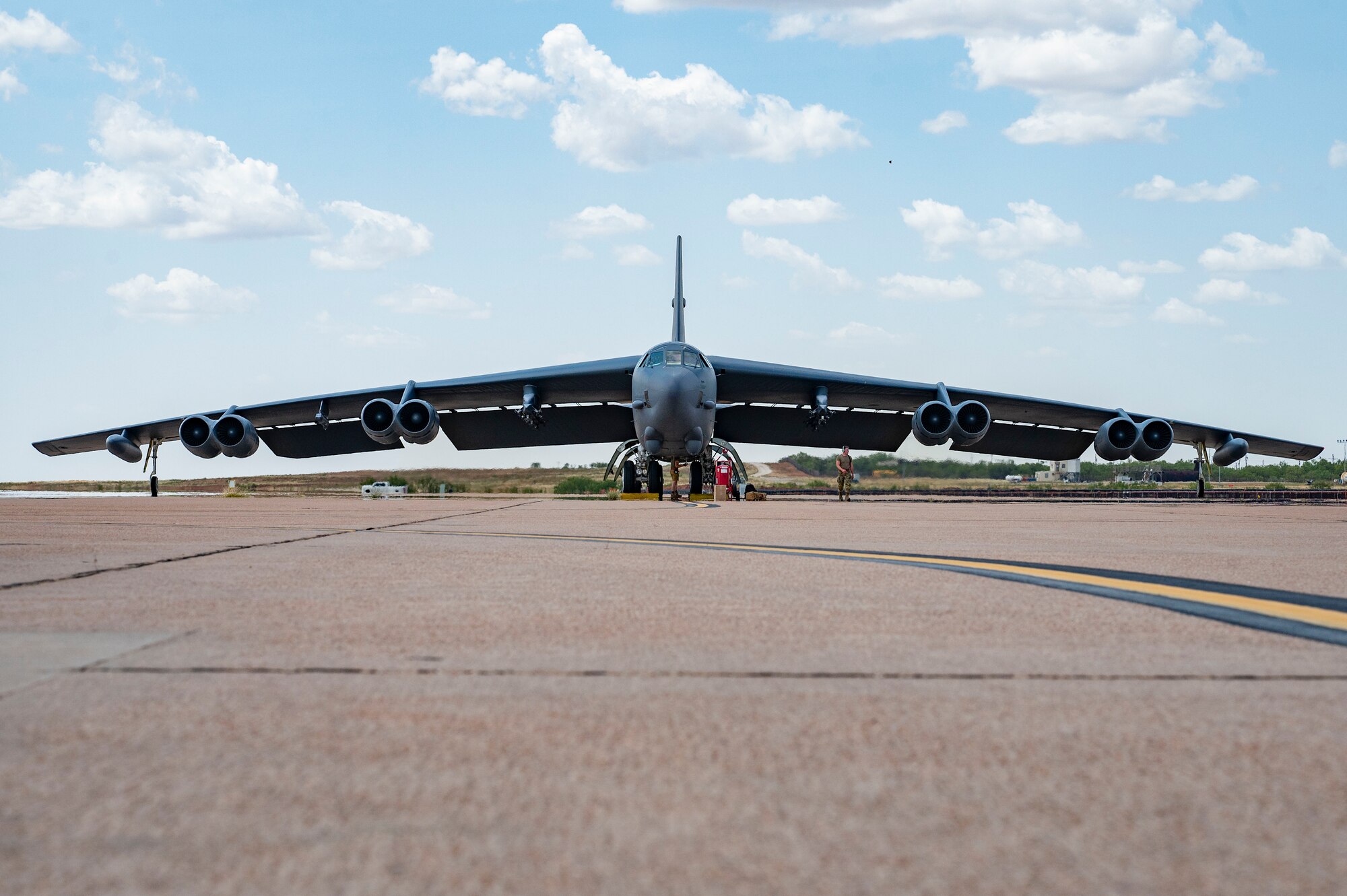 A B-52 Stratofortress assigned to the 23rd Bomb Squadron at Minot Air Force Base, North Dakota, sits on the apron at Dyess Air Force Base, Texas, July 15, 2024. Several B-52s and Airmen from Minot AFB came to Dyess AFB to participate in an Agile Combat Employment exercise, dubbed Agile Warbird. (U.S. Air Force photo by Airman 1st Class Emma Anderson)