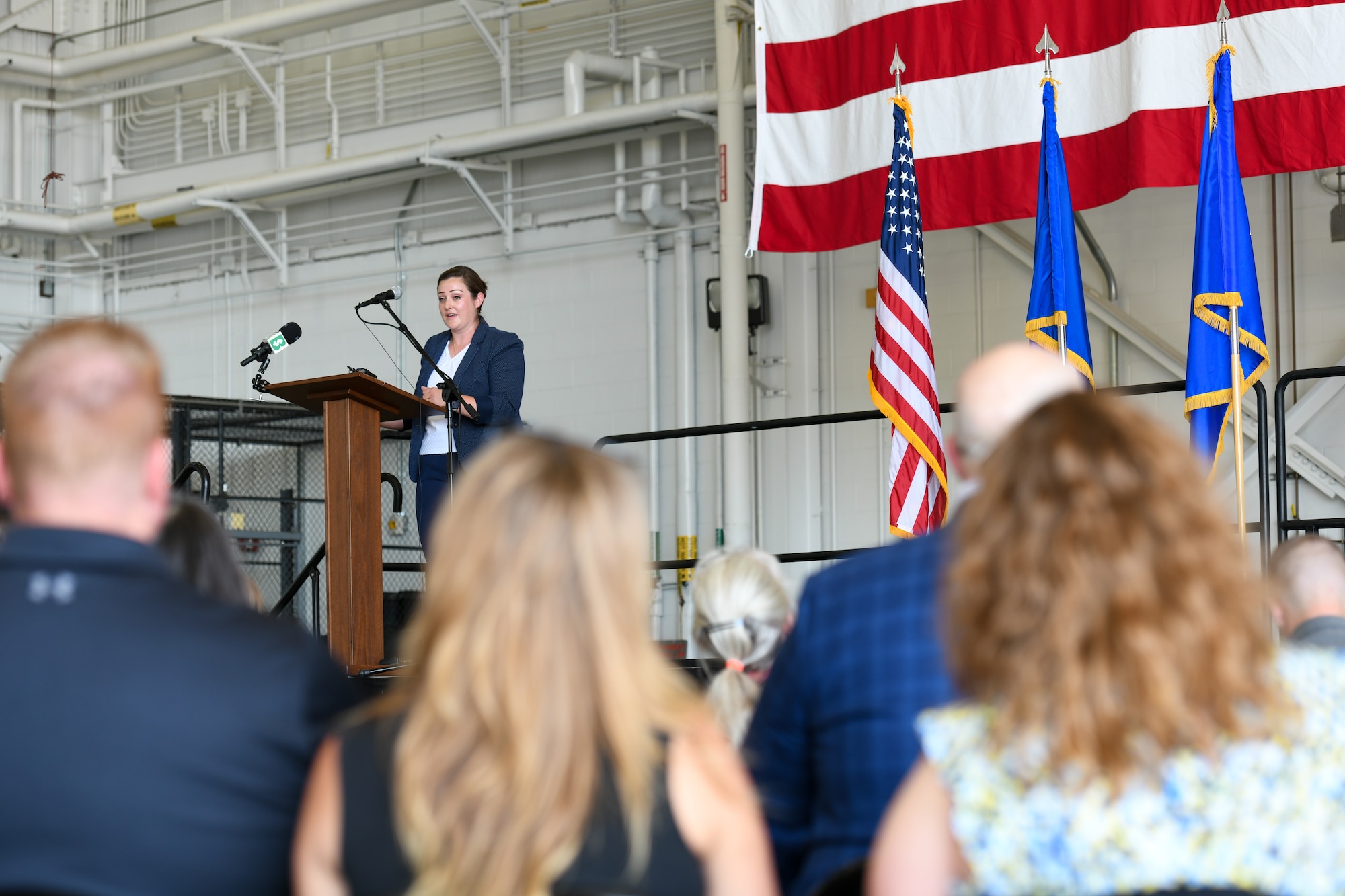 Caitlan Flis, Governor DeWine’s federal policy advisor, speaks at an arrival ceremony celebrating the 910th Airlift Wing’s first C-130J-30 Super Hercules aircraft on July 16, 2024, at Youngstown Air Reserve Station, Ohio.