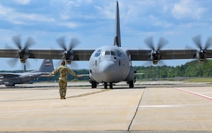 The 910th Airlift Wing’s first C-130J-30 Super Hercules aircraft is marshalled to its arrival ceremony, on July 16, 2024, at Youngstown Air Reserve Station, Ohio.